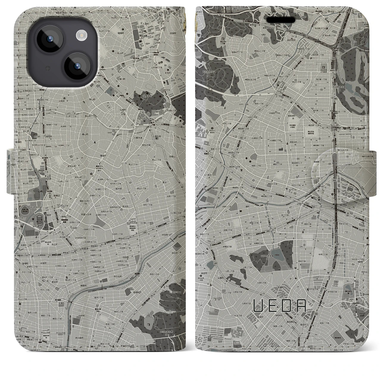 【植田(愛知県)】地図柄iPhoneケース(手帳タイプ)モノトーン・iPhone 14 Plus 用