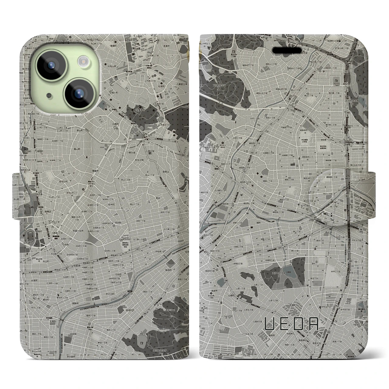 【植田(愛知県)】地図柄iPhoneケース(手帳タイプ)モノトーン・iPhone 15 用
