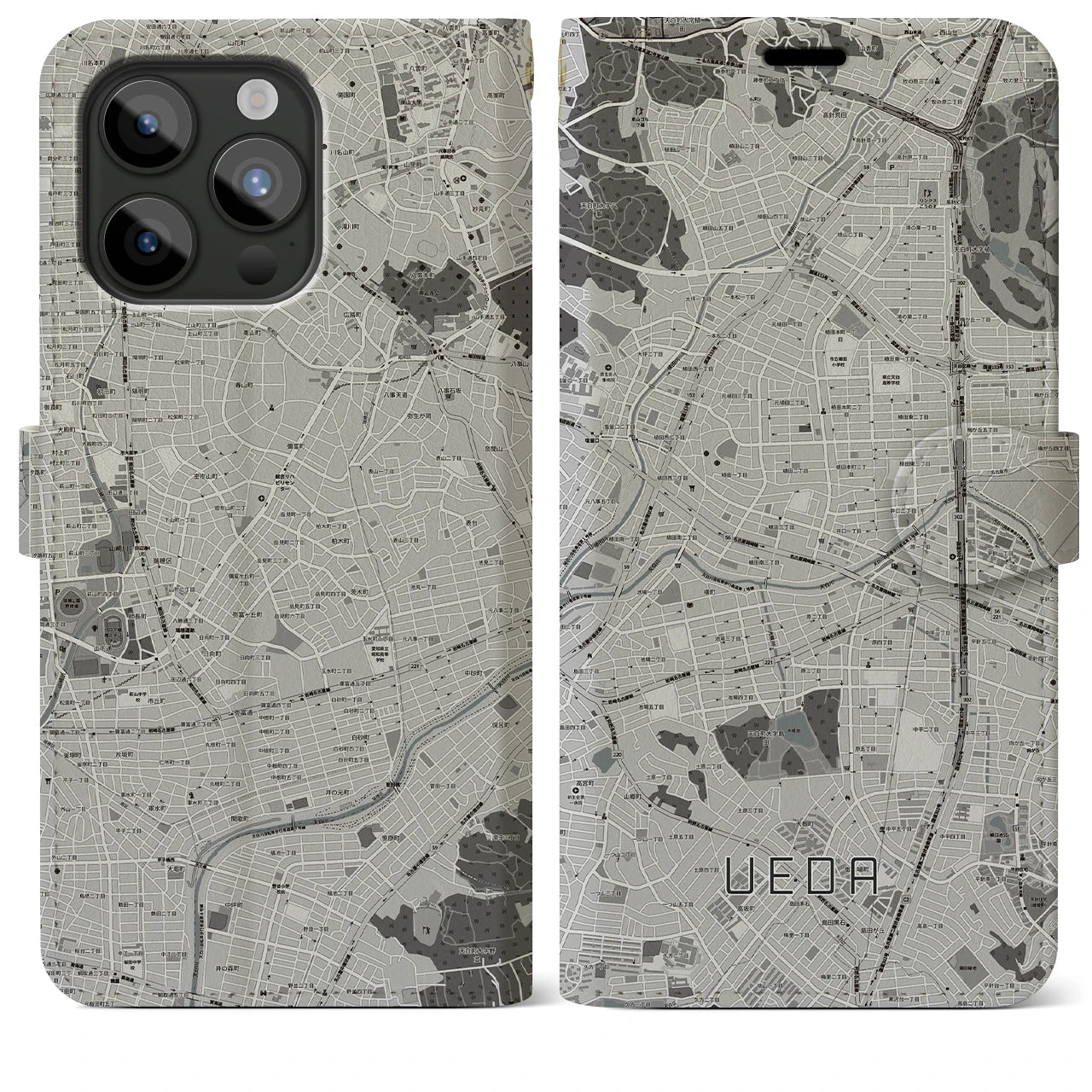 【植田(愛知県)】地図柄iPhoneケース(手帳タイプ)モノトーン・iPhone 15 Pro Max 用