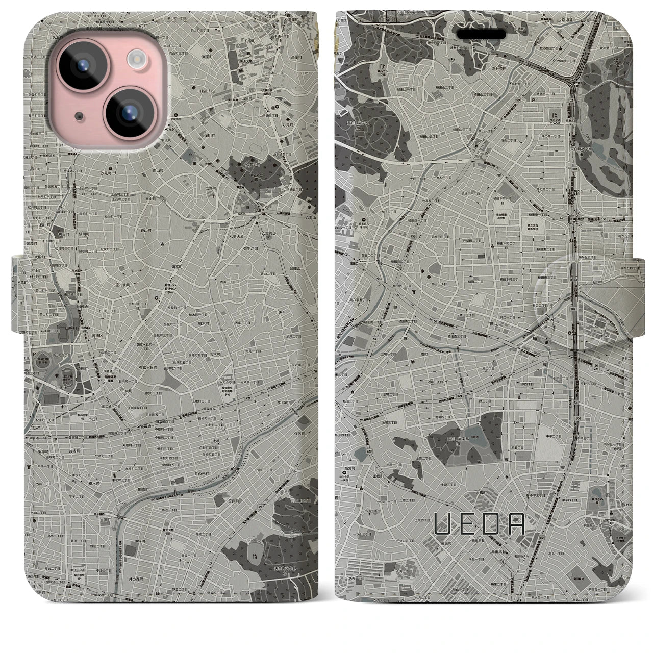 【植田(愛知県)】地図柄iPhoneケース(手帳タイプ)モノトーン・iPhone 15 Plus 用