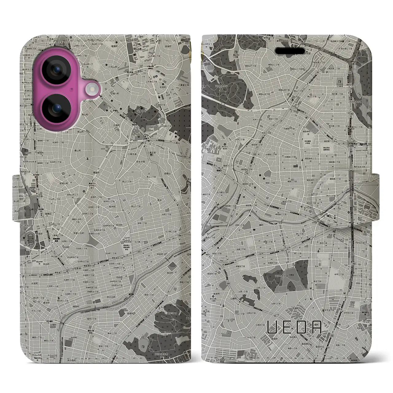 【植田(愛知県)】地図柄iPhoneケース(手帳タイプ)モノトーン・iPhone 16 Pro 用