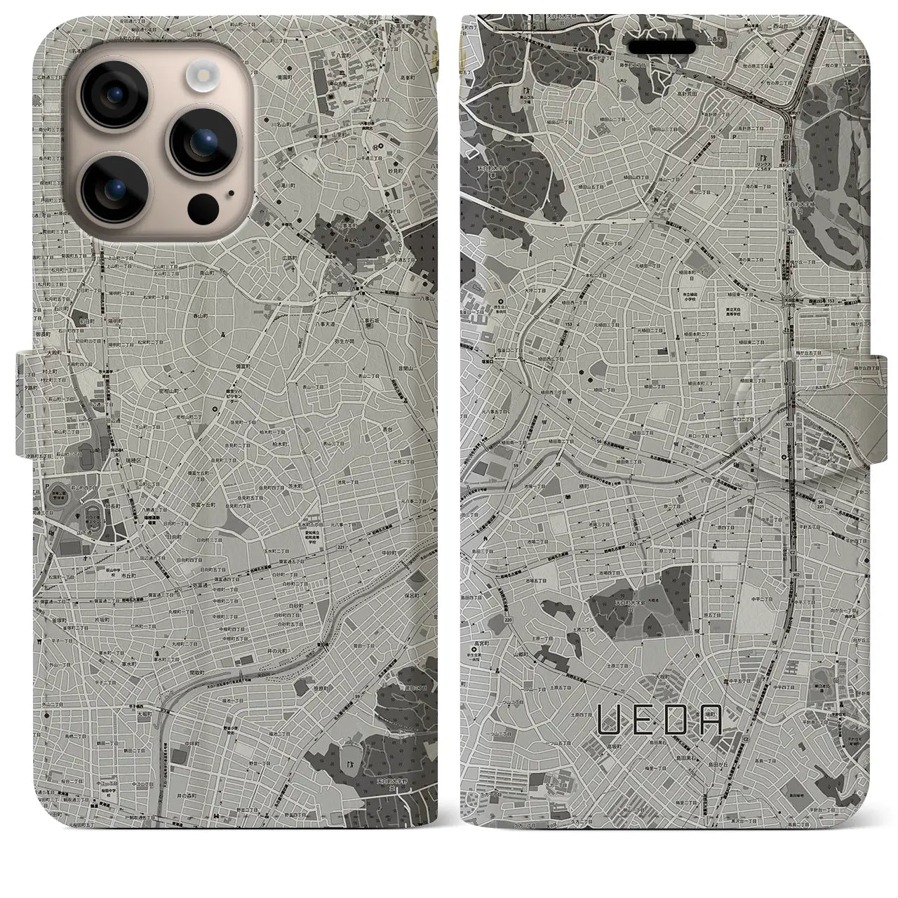 【植田(愛知県)】地図柄iPhoneケース(手帳タイプ)モノトーン・iPhone 16 Plus 用