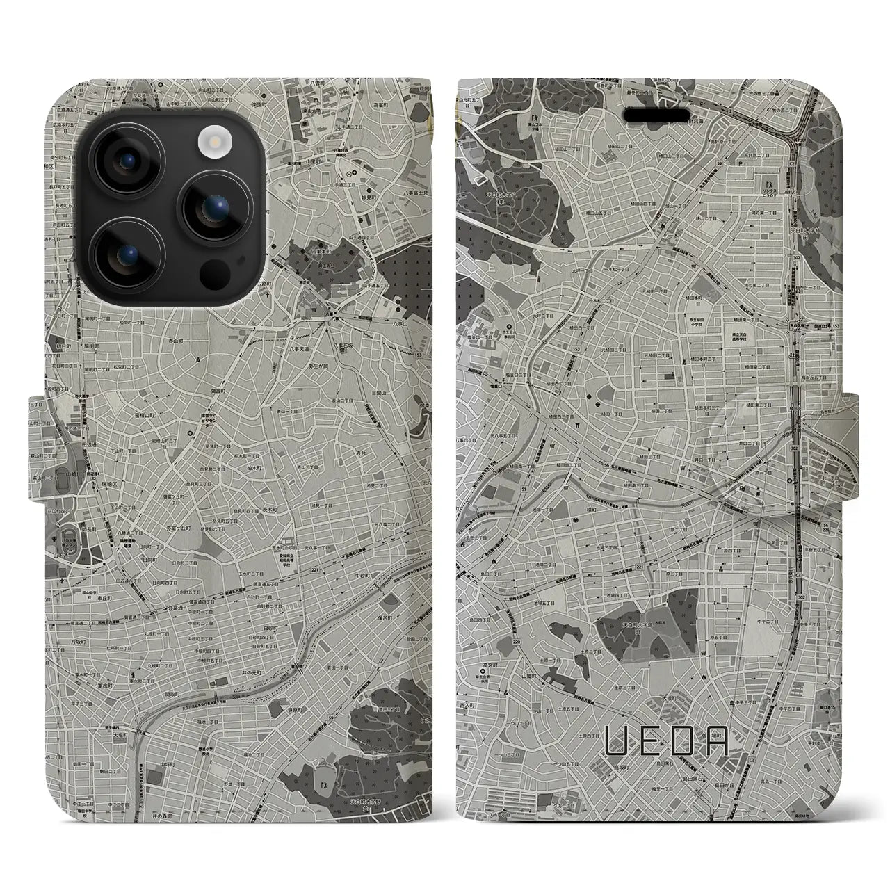 【植田(愛知県)】地図柄iPhoneケース(手帳タイプ)モノトーン・iPhone 16 用