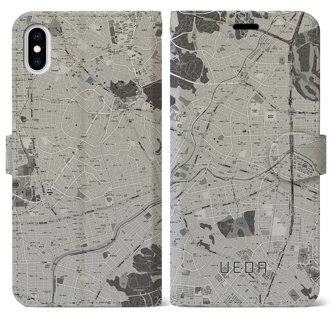 【植田(愛知県)】地図柄iPhoneケース(手帳タイプ)モノトーン・iPhone XS Max 用