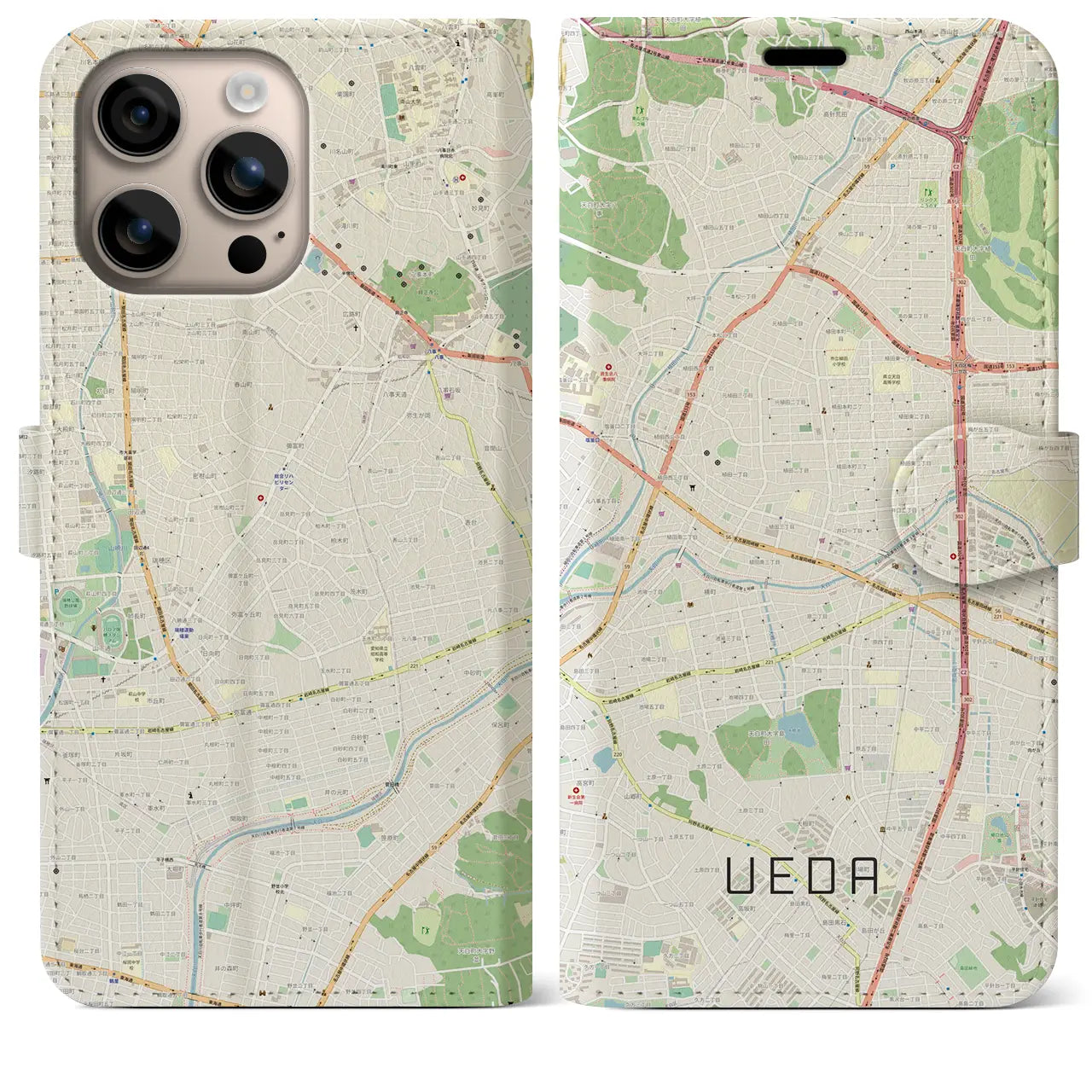 【植田(愛知県)】地図柄iPhoneケース(手帳タイプ)ナチュラル・iPhone 16 Plus 用