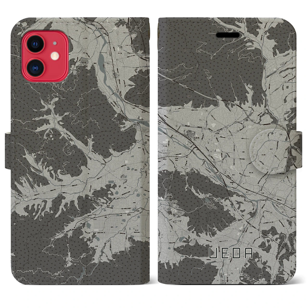 【上田(長野県)】地図柄iPhoneケース(手帳タイプ)モノトーン・iPhone 11 用