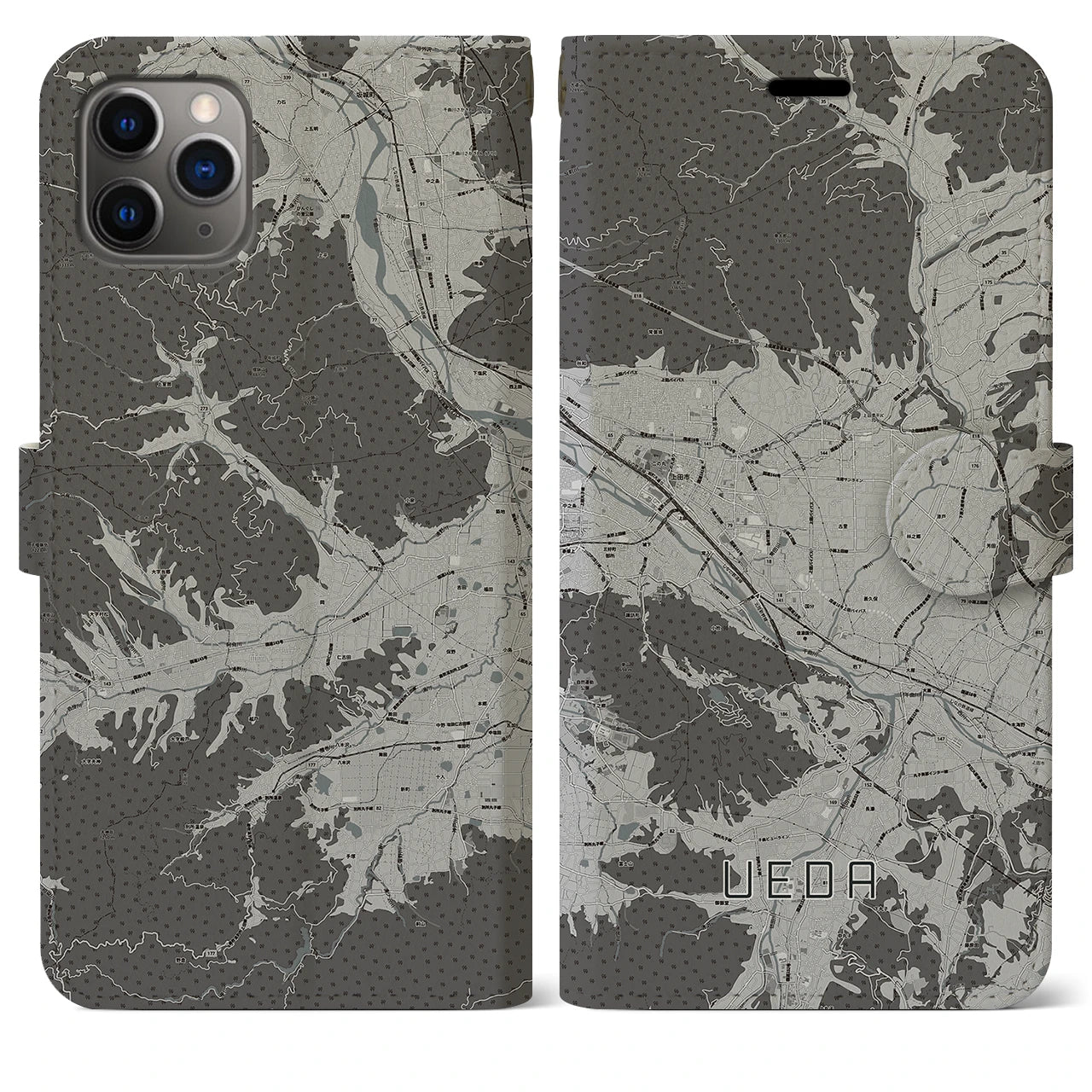 【上田(長野県)】地図柄iPhoneケース(手帳タイプ)モノトーン・iPhone 11 Pro Max 用