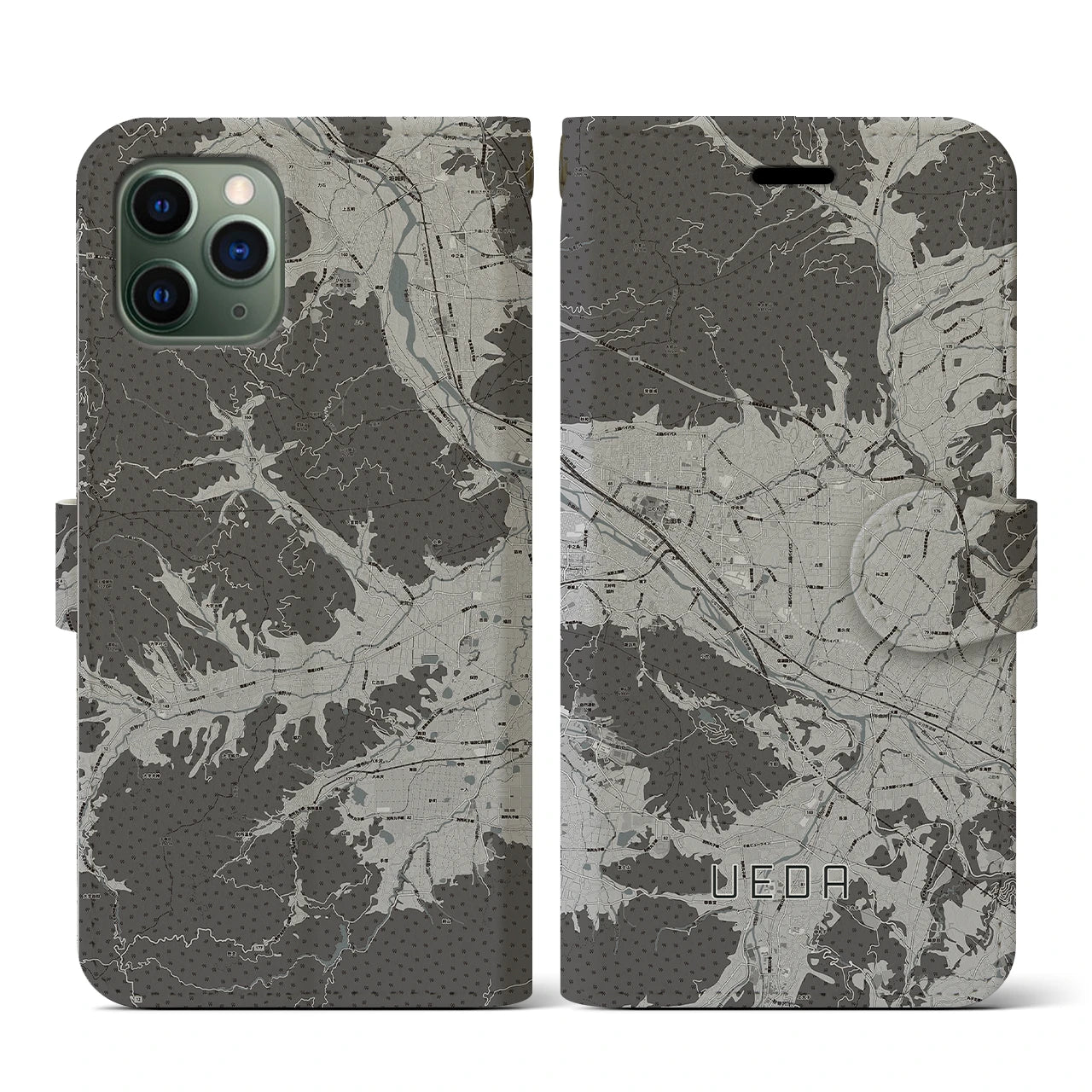 【上田(長野県)】地図柄iPhoneケース(手帳タイプ)モノトーン・iPhone 11 Pro 用