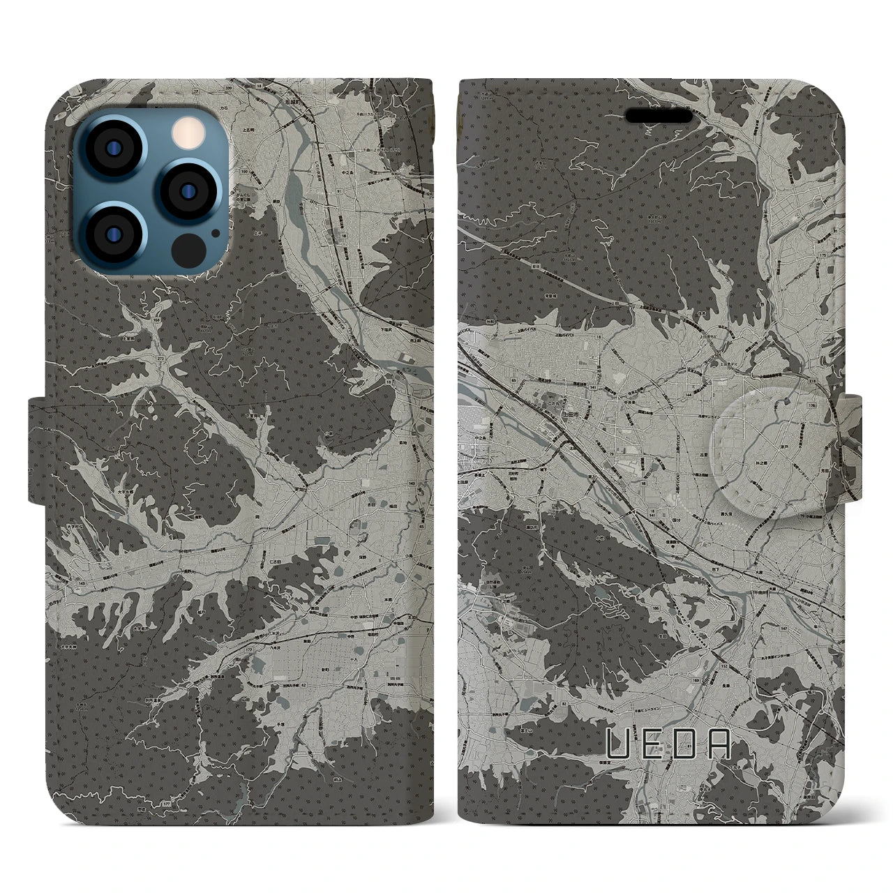 【上田(長野県)】地図柄iPhoneケース(手帳タイプ)モノトーン・iPhone 12 / 12 Pro 用