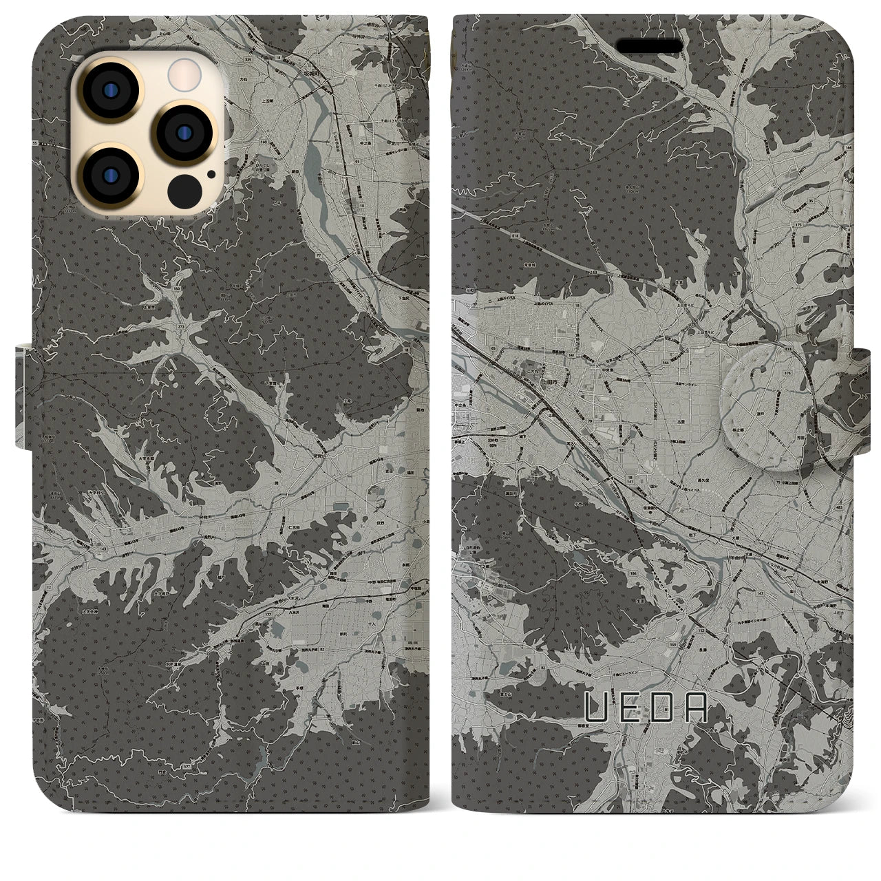 【上田(長野県)】地図柄iPhoneケース(手帳タイプ)モノトーン・iPhone 12 Pro Max 用