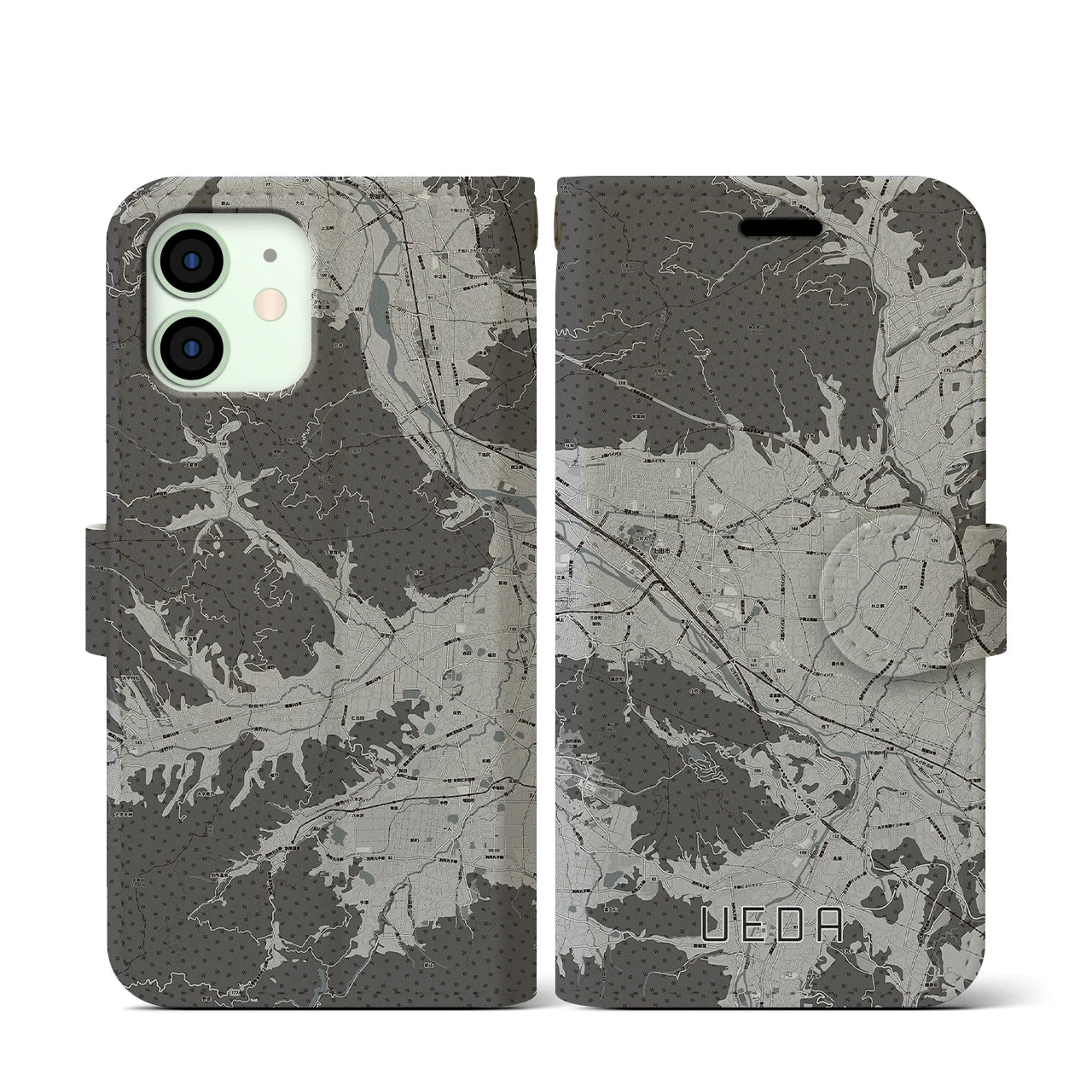 【上田(長野県)】地図柄iPhoneケース(手帳タイプ)モノトーン・iPhone 12 mini 用