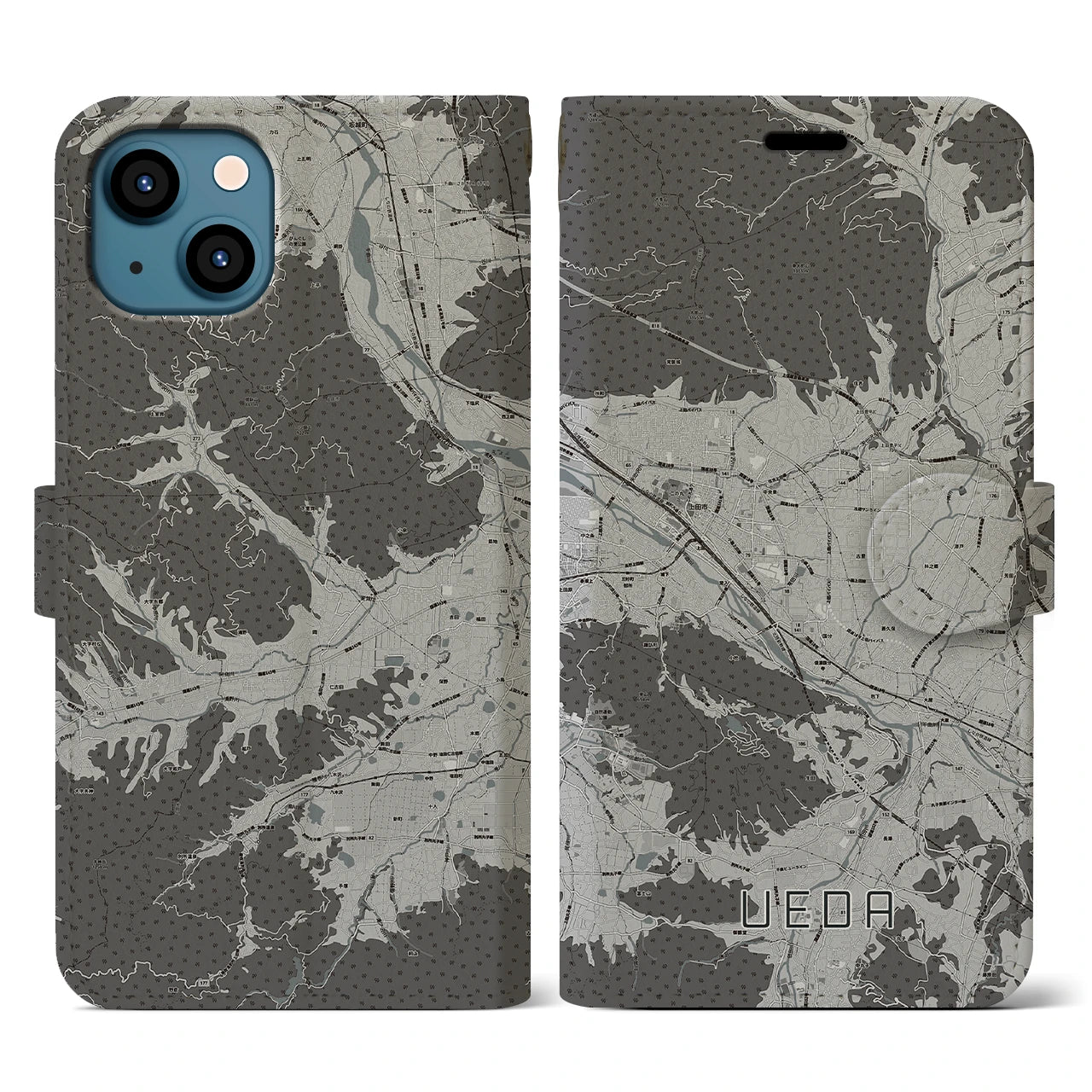 【上田(長野県)】地図柄iPhoneケース(手帳タイプ)モノトーン・iPhone 13 用
