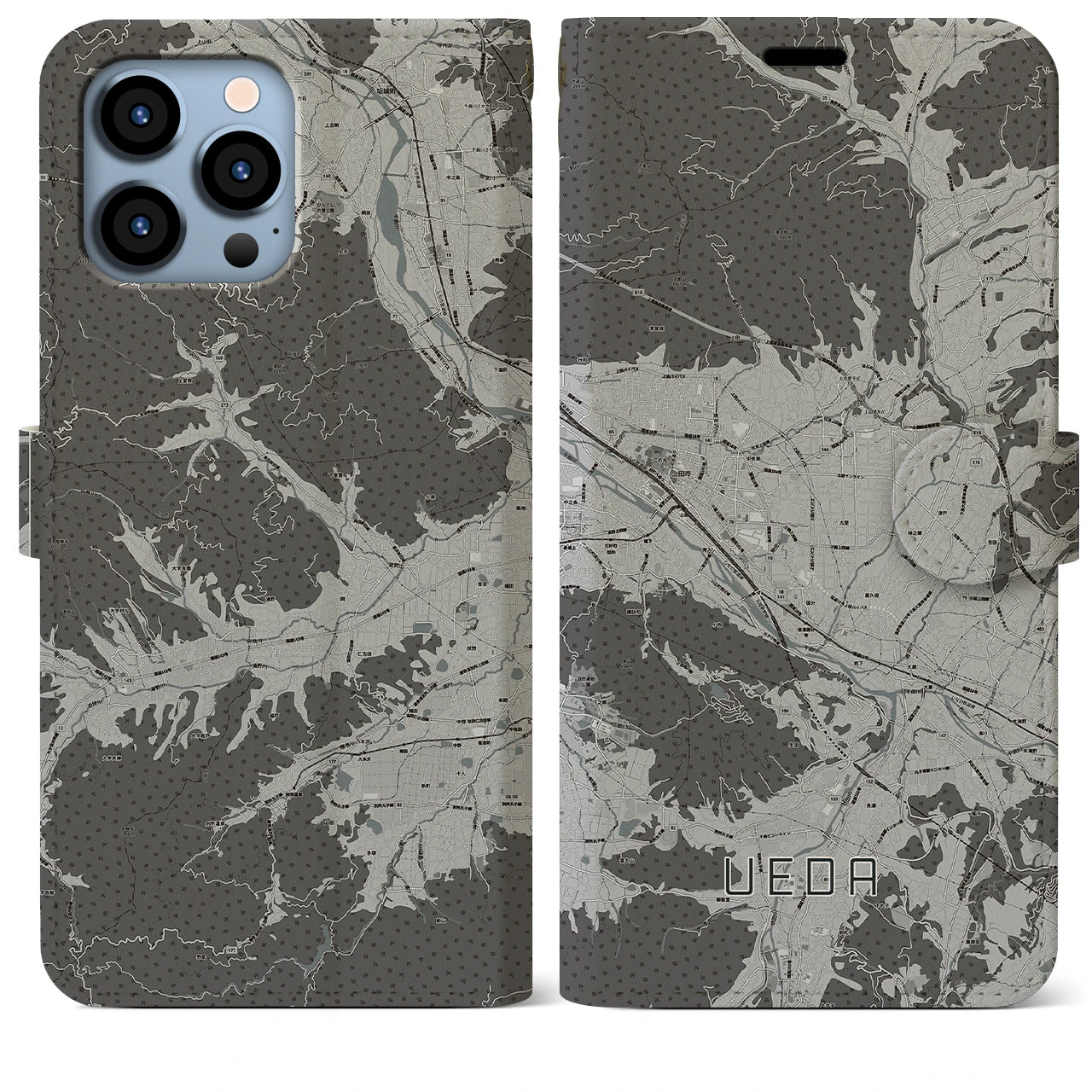 【上田(長野県)】地図柄iPhoneケース(手帳タイプ)モノトーン・iPhone 13 Pro Max 用