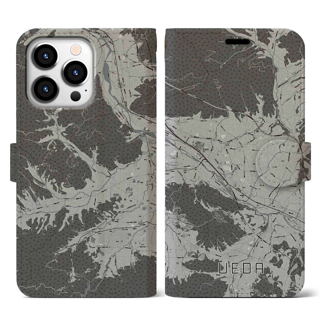 【上田(長野県)】地図柄iPhoneケース(手帳タイプ)モノトーン・iPhone 13 Pro 用