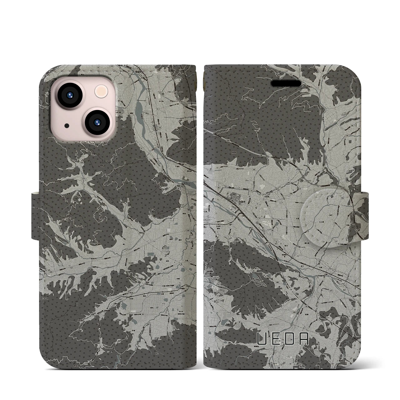 【上田(長野県)】地図柄iPhoneケース(手帳タイプ)モノトーン・iPhone 13 mini 用