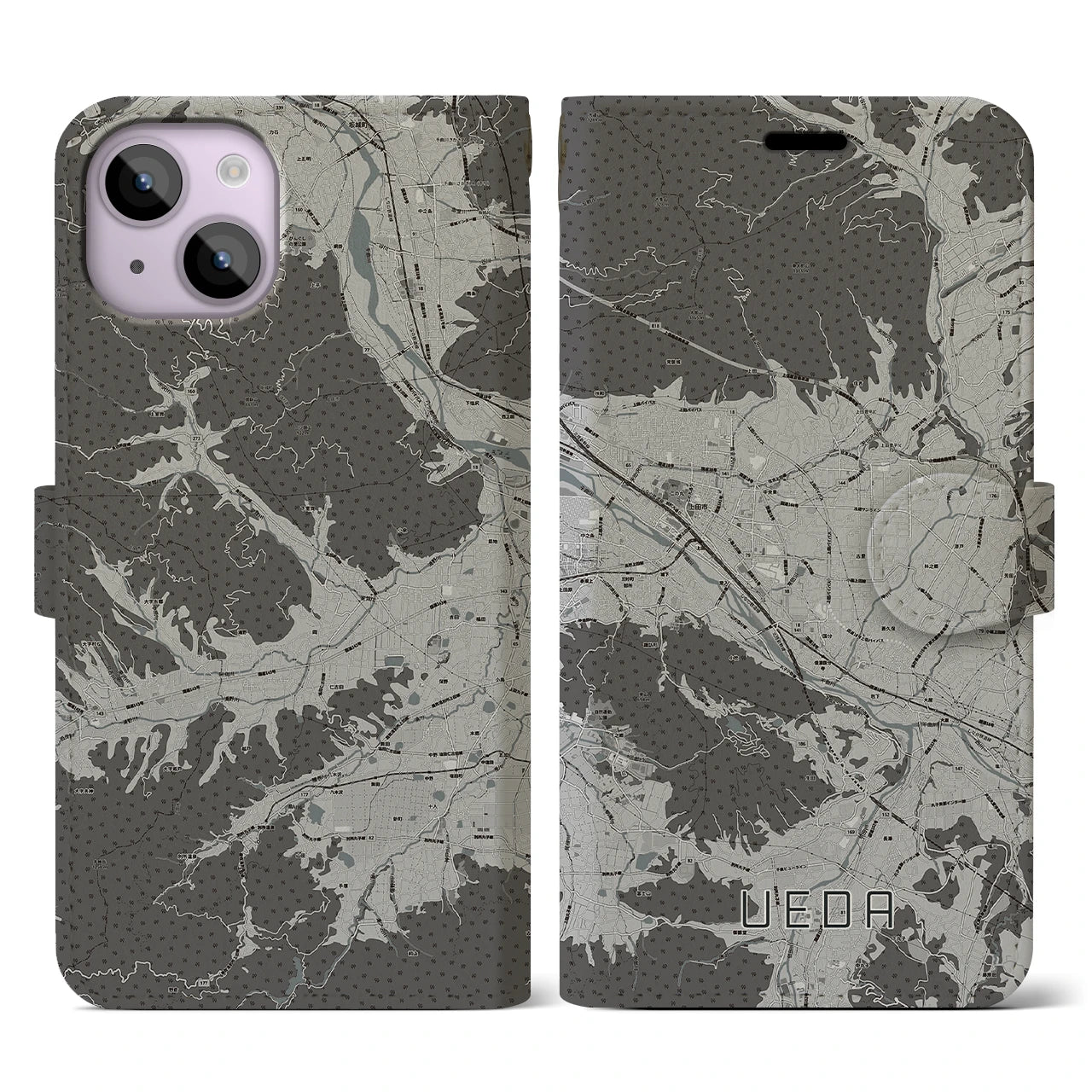 【上田(長野県)】地図柄iPhoneケース(手帳タイプ)モノトーン・iPhone 14 用