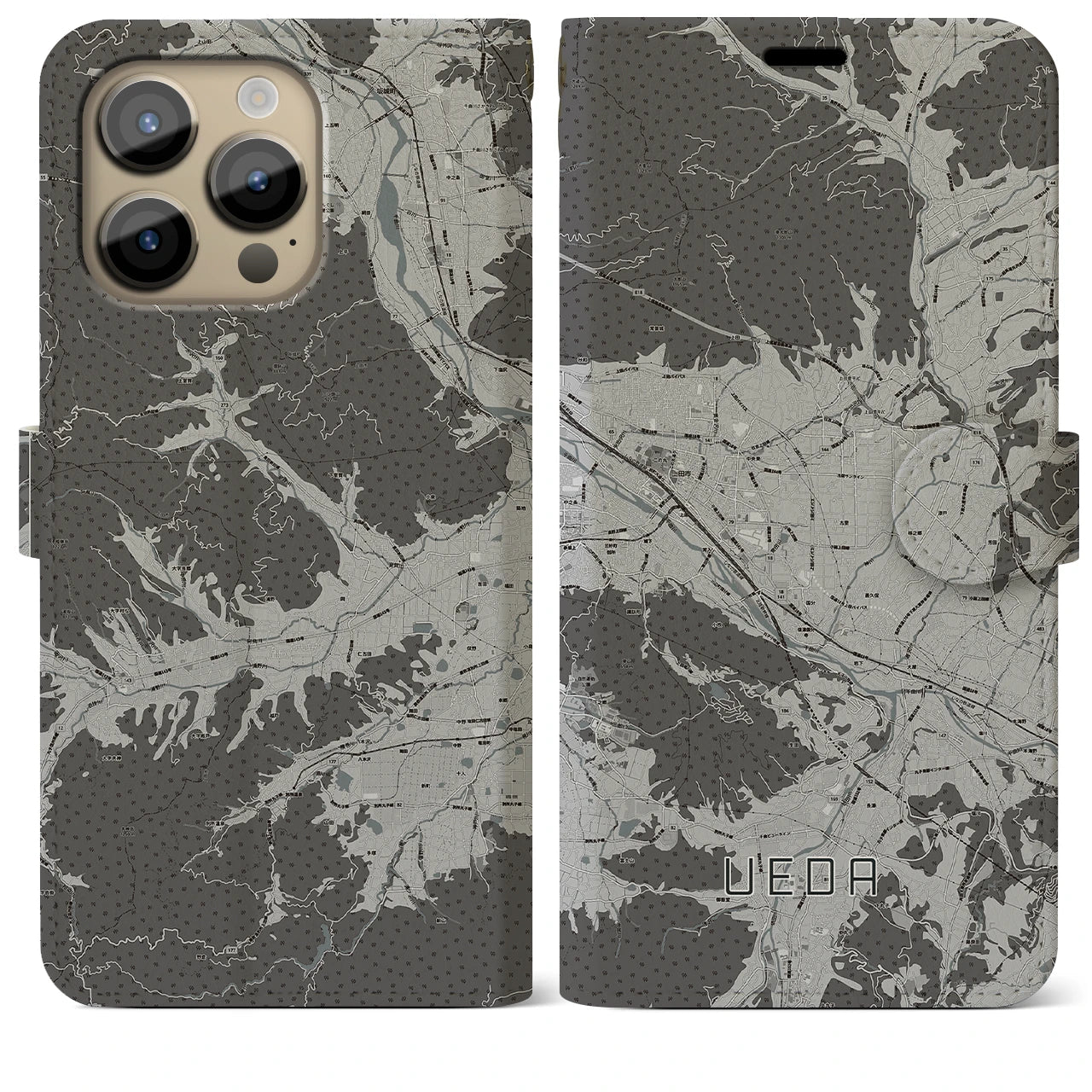 【上田(長野県)】地図柄iPhoneケース(手帳タイプ)モノトーン・iPhone 14 Pro Max 用