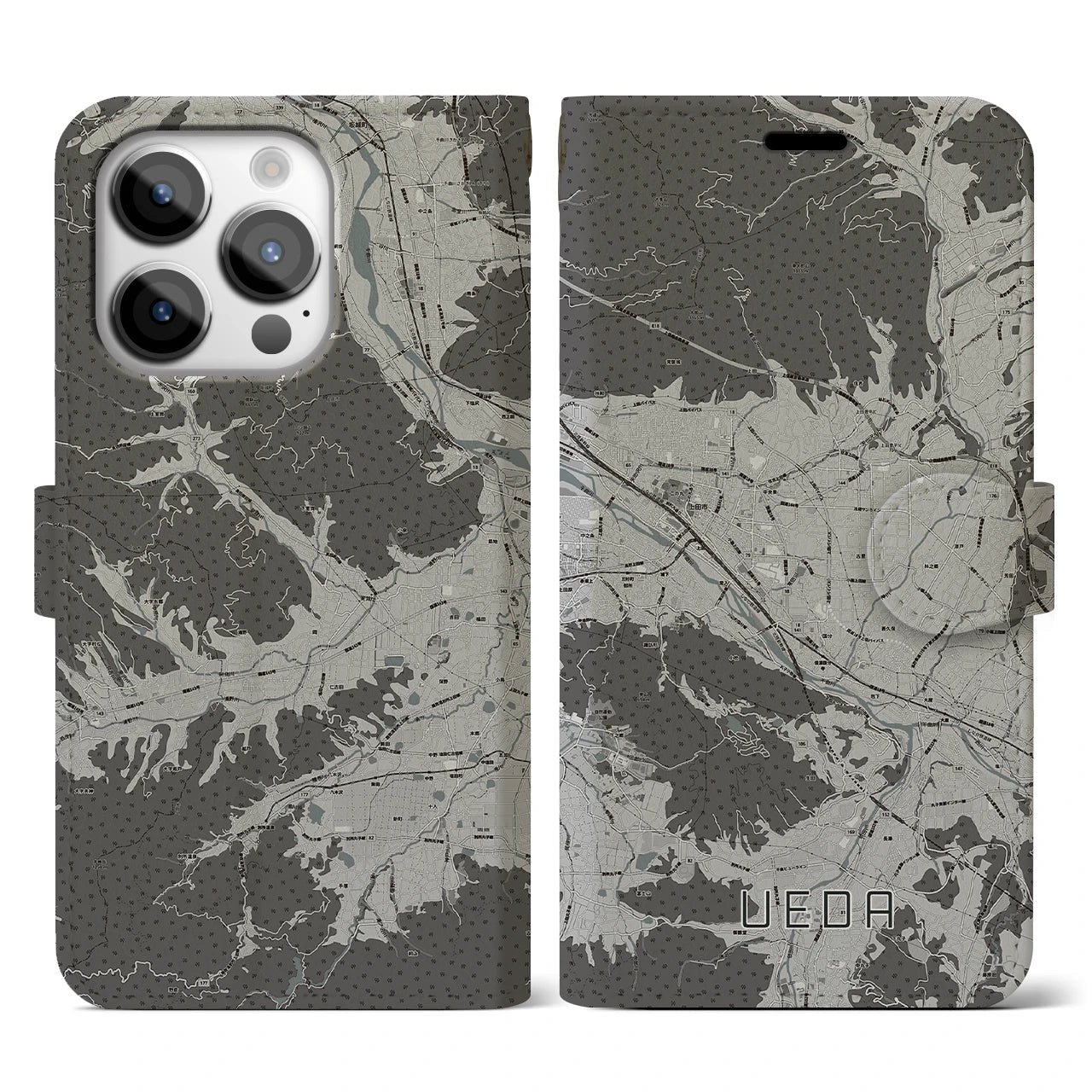 【上田(長野県)】地図柄iPhoneケース(手帳タイプ)モノトーン・iPhone 14 Pro 用