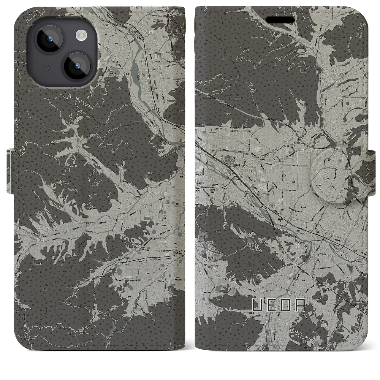 【上田(長野県)】地図柄iPhoneケース(手帳タイプ)モノトーン・iPhone 14 Plus 用