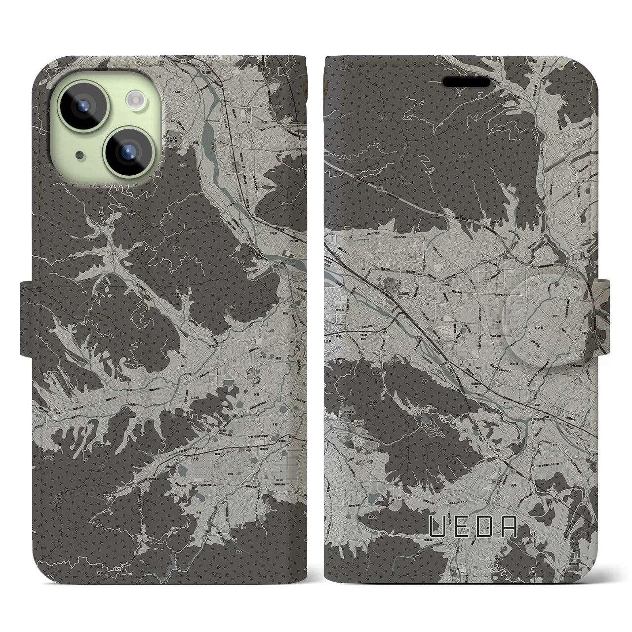 【上田(長野県)】地図柄iPhoneケース(手帳タイプ)モノトーン・iPhone 15 用