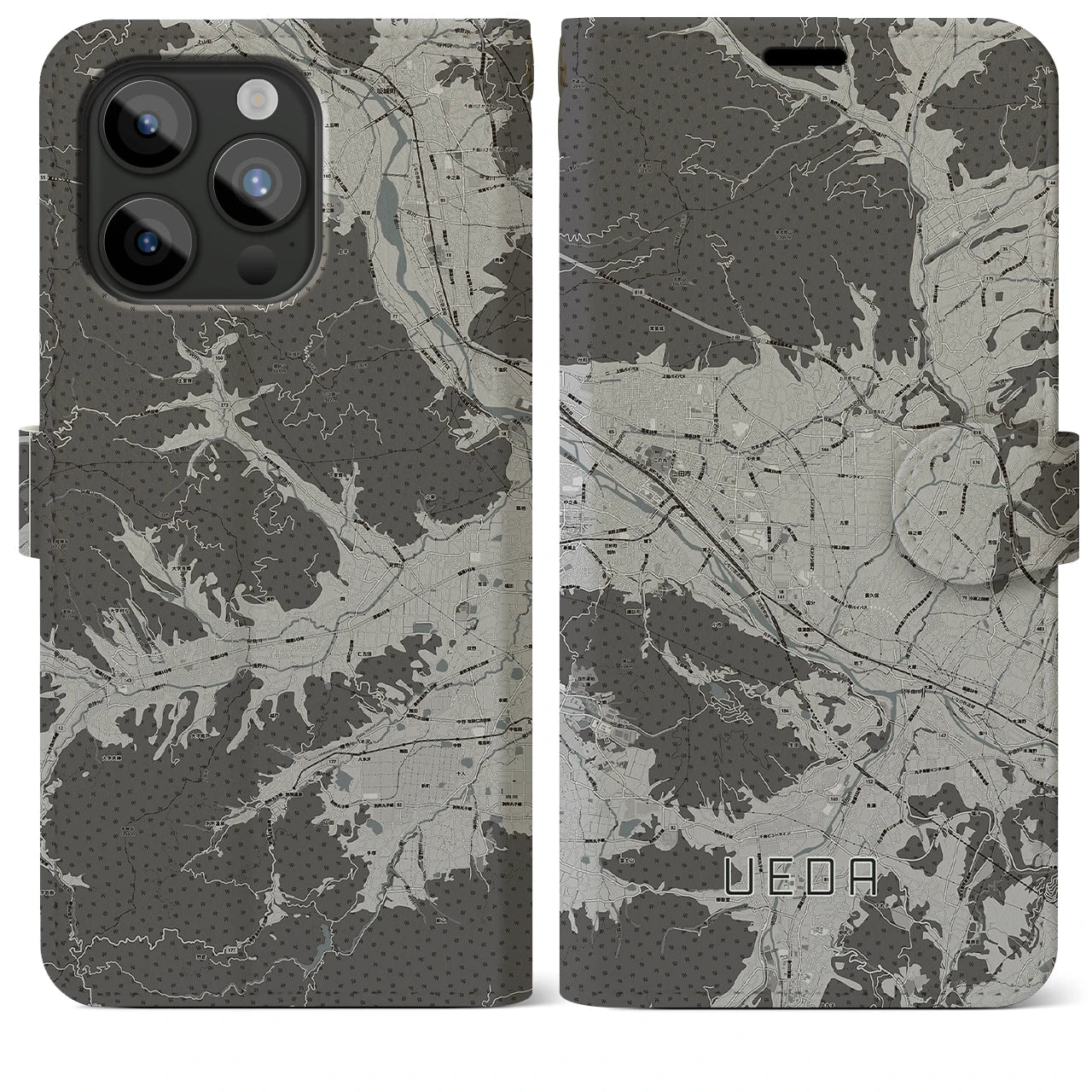 【上田(長野県)】地図柄iPhoneケース(手帳タイプ)モノトーン・iPhone 15 Pro Max 用