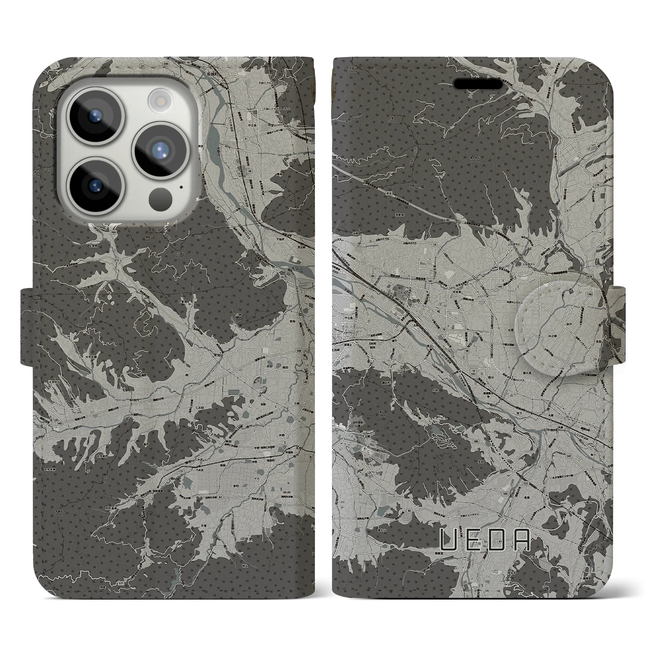 【上田(長野県)】地図柄iPhoneケース(手帳タイプ)モノトーン・iPhone 15 Pro 用