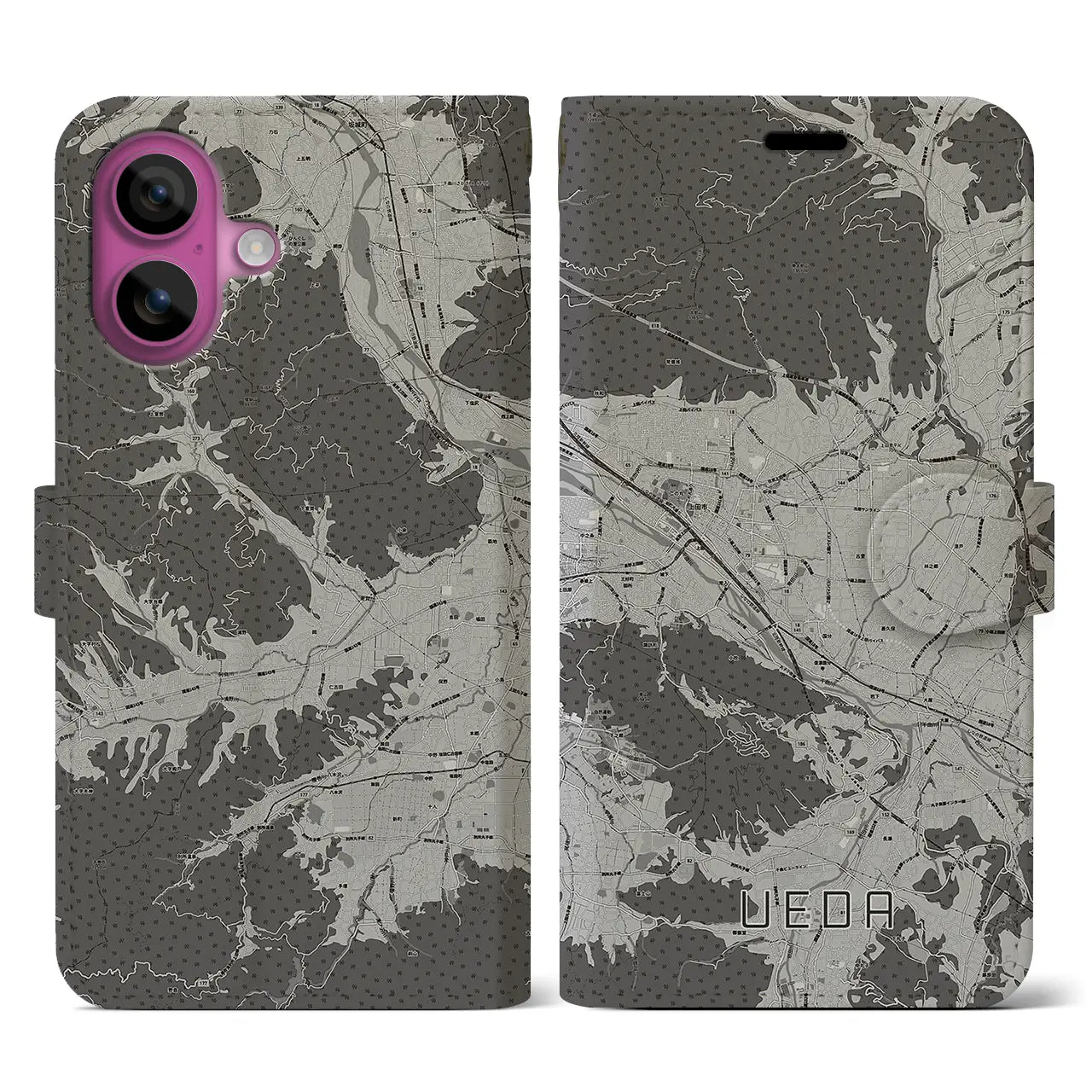 【上田(長野県)】地図柄iPhoneケース(手帳タイプ)モノトーン・iPhone 16 Pro 用