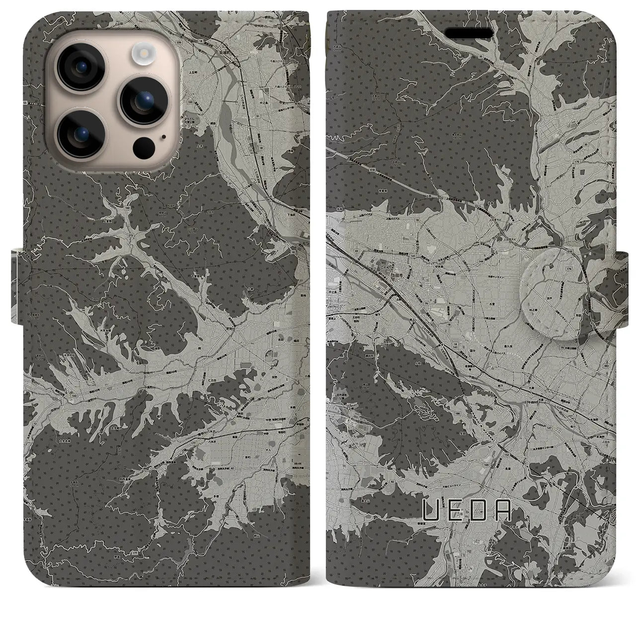 【上田(長野県)】地図柄iPhoneケース(手帳タイプ)モノトーン・iPhone 16 Plus 用