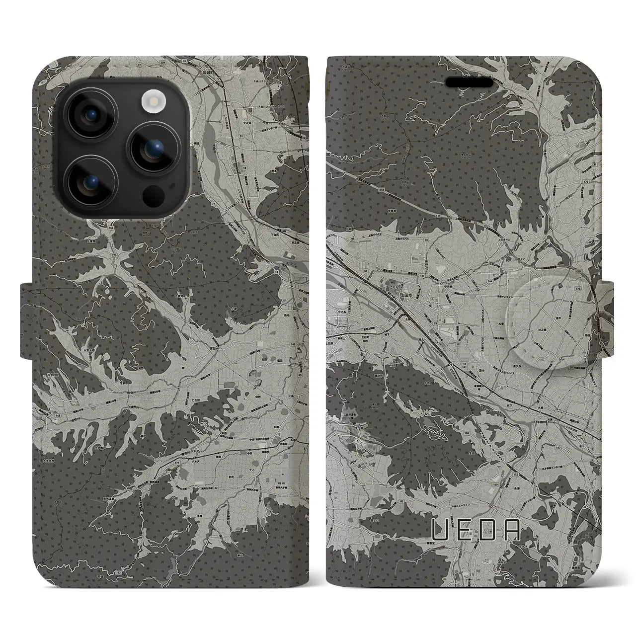 【上田(長野県)】地図柄iPhoneケース(手帳タイプ)モノトーン・iPhone 16 用