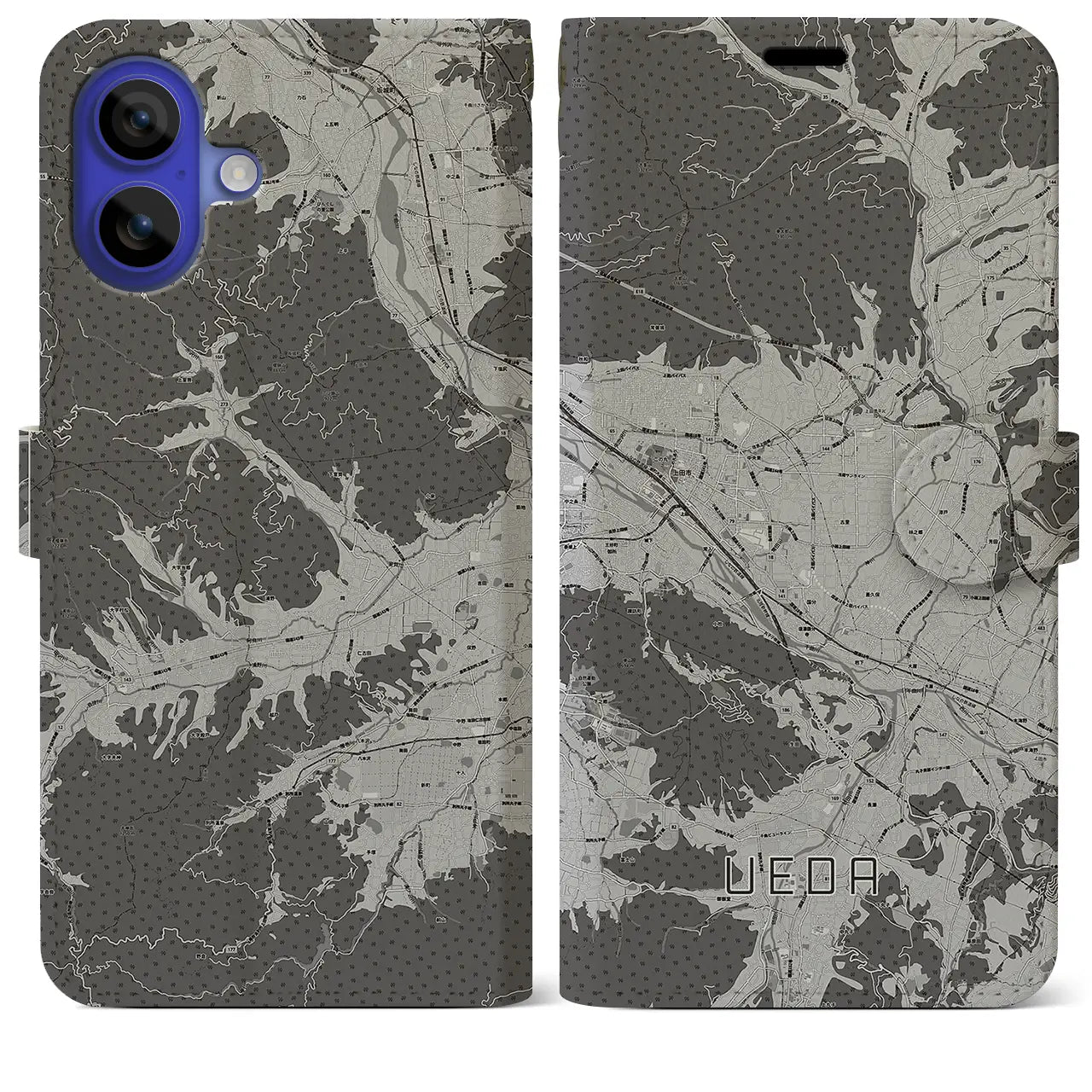 【上田(長野県)】地図柄iPhoneケース(手帳タイプ)モノトーン・iPhone 16 Pro Max 用