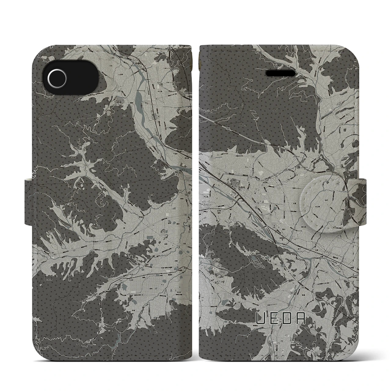 【上田(長野県)】地図柄iPhoneケース(手帳タイプ)モノトーン・iPhone SE(第3 / 第2世代) / 8 / 7 / 6s / 6 用