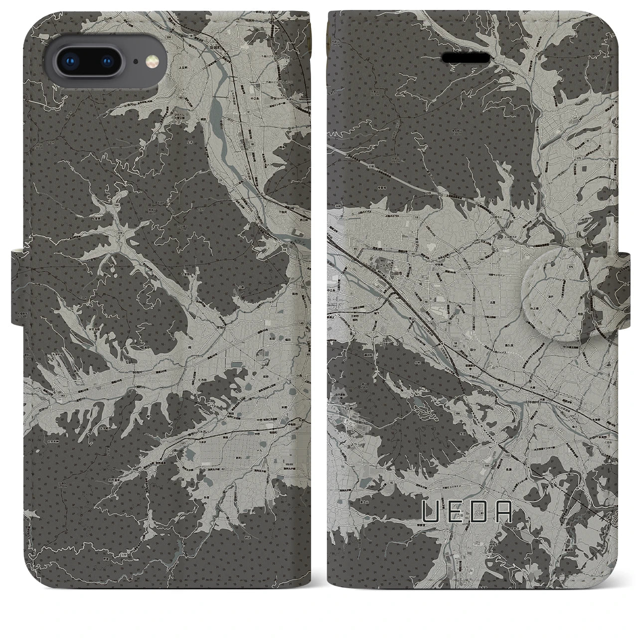 【上田(長野県)】地図柄iPhoneケース(手帳タイプ)モノトーン・iPhone 8Plus /7Plus / 6sPlus / 6Plus 用