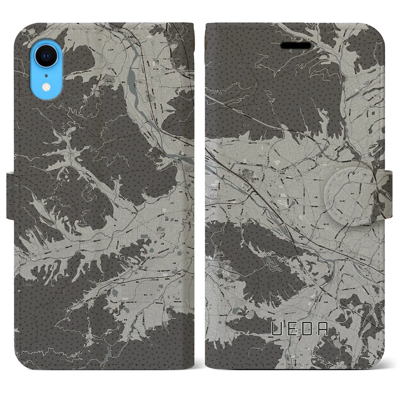 【上田(長野県)】地図柄iPhoneケース(手帳タイプ)モノトーン・iPhone XR 用