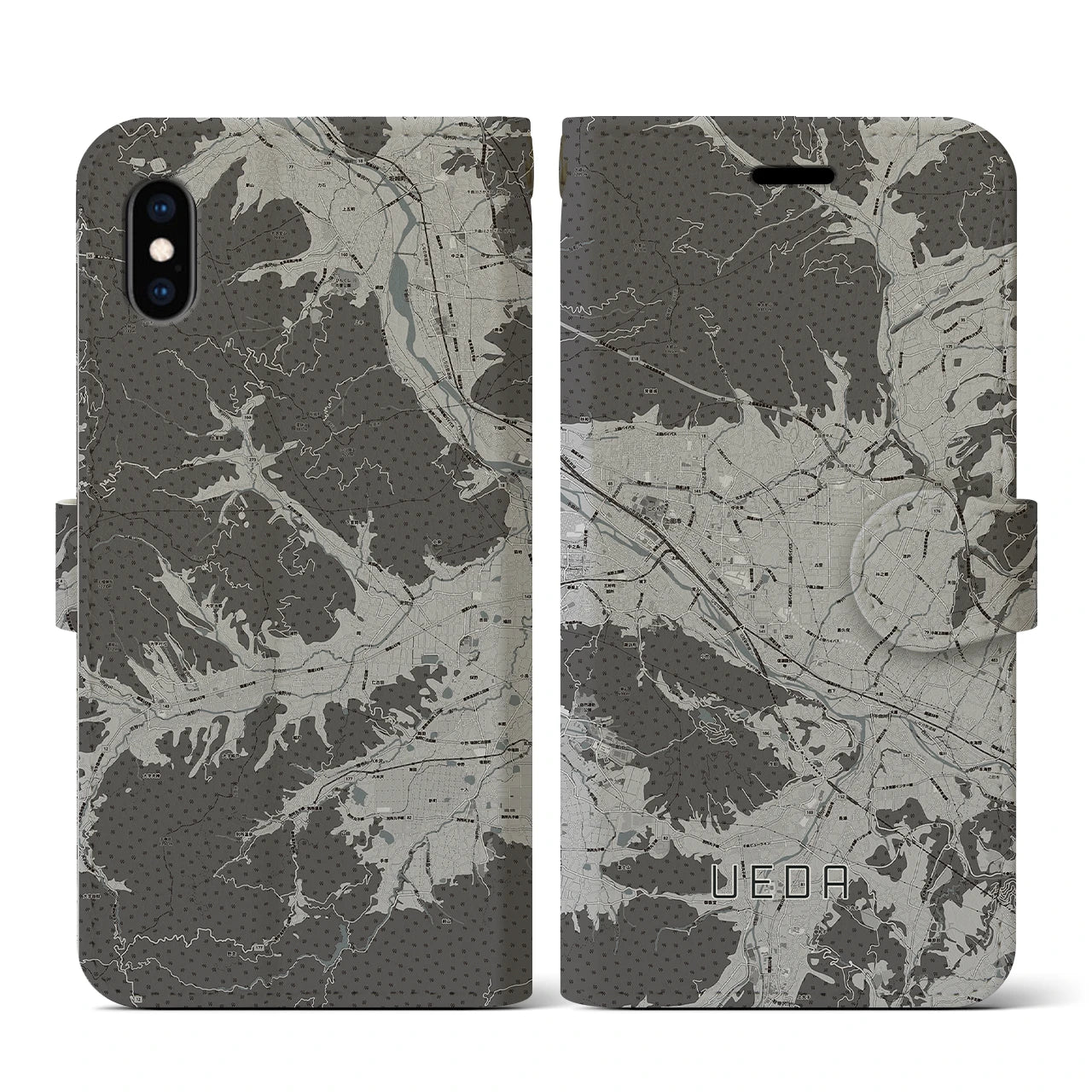 【上田(長野県)】地図柄iPhoneケース(手帳タイプ)モノトーン・iPhone XS / X 用