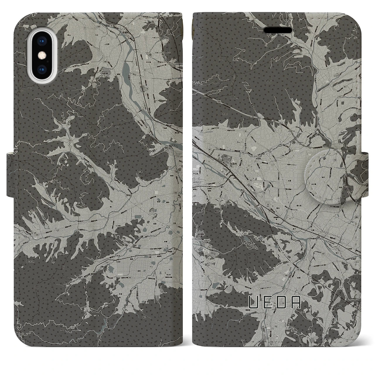 【上田(長野県)】地図柄iPhoneケース(手帳タイプ)モノトーン・iPhone XS Max 用