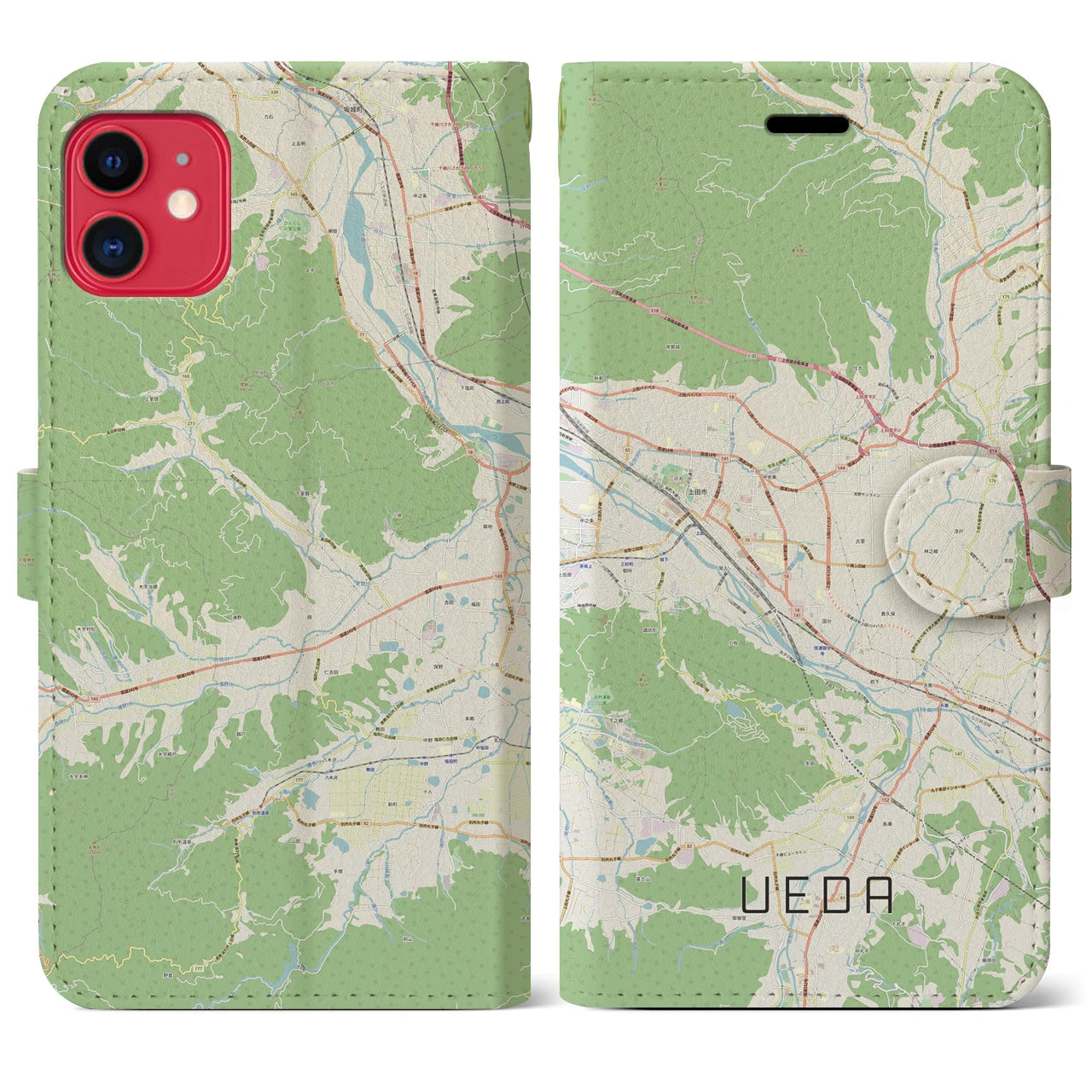 【上田(長野県)】地図柄iPhoneケース(手帳タイプ)ナチュラル・iPhone 11 用