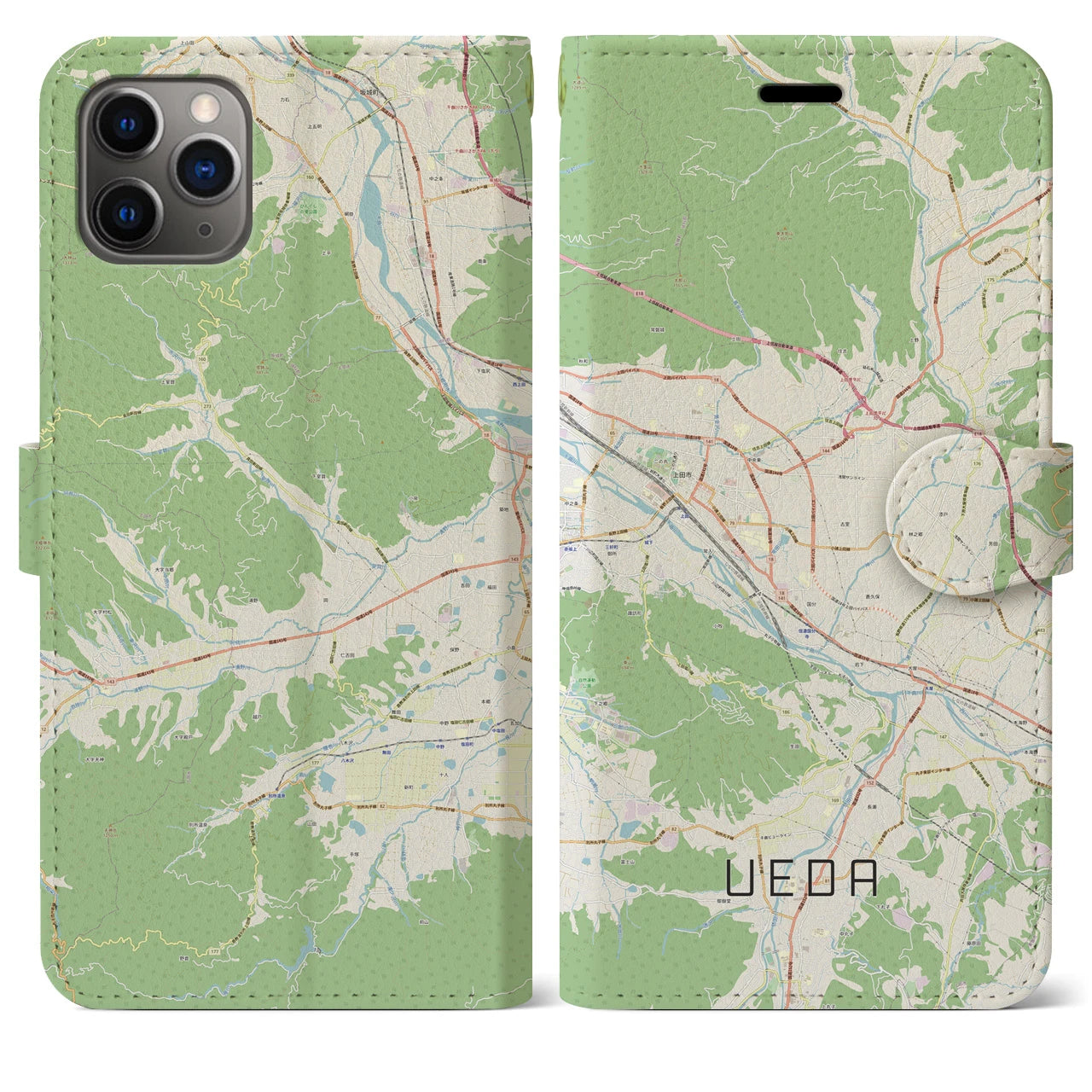 【上田(長野県)】地図柄iPhoneケース(手帳タイプ)ナチュラル・iPhone 11 Pro Max 用