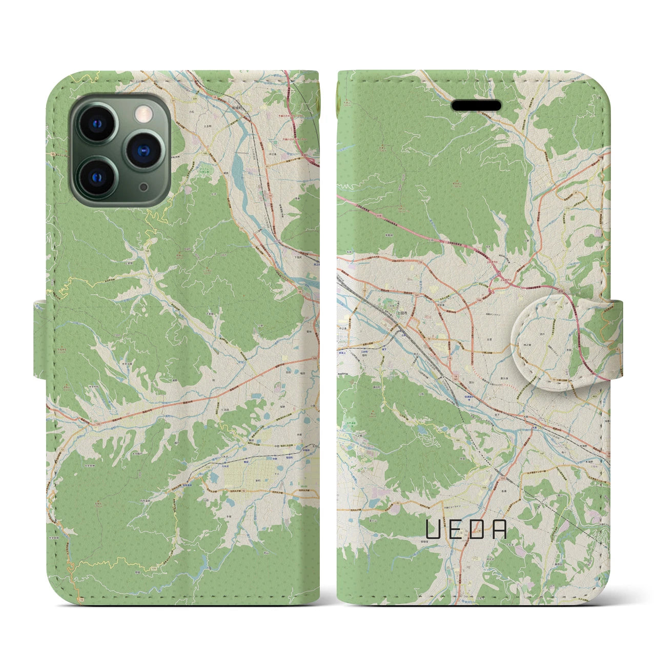 【上田(長野県)】地図柄iPhoneケース(手帳タイプ)ナチュラル・iPhone 11 Pro 用