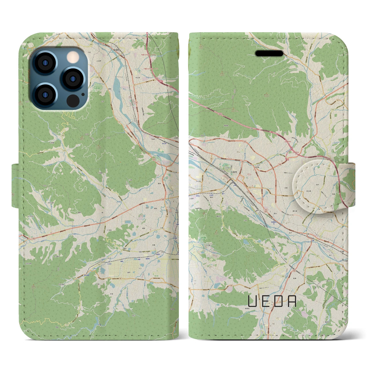 【上田(長野県)】地図柄iPhoneケース(手帳タイプ)ナチュラル・iPhone 12 / 12 Pro 用