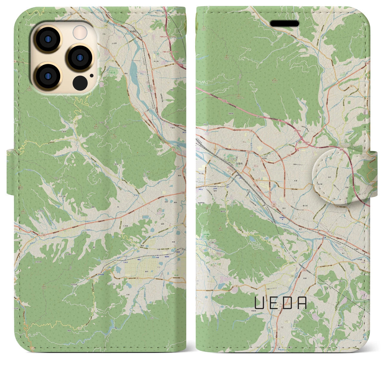 【上田(長野県)】地図柄iPhoneケース(手帳タイプ)ナチュラル・iPhone 12 Pro Max 用