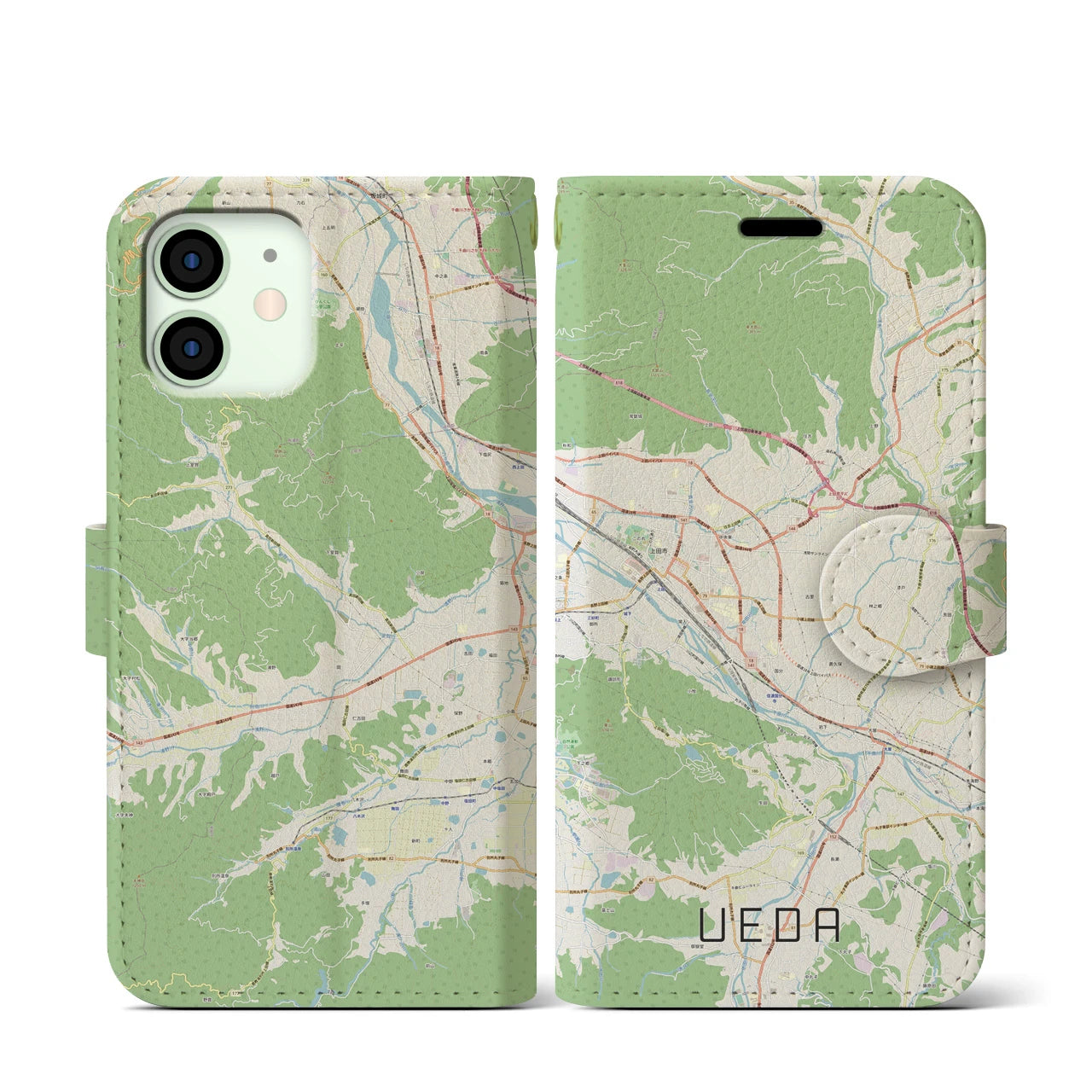 【上田(長野県)】地図柄iPhoneケース(手帳タイプ)ナチュラル・iPhone 12 mini 用