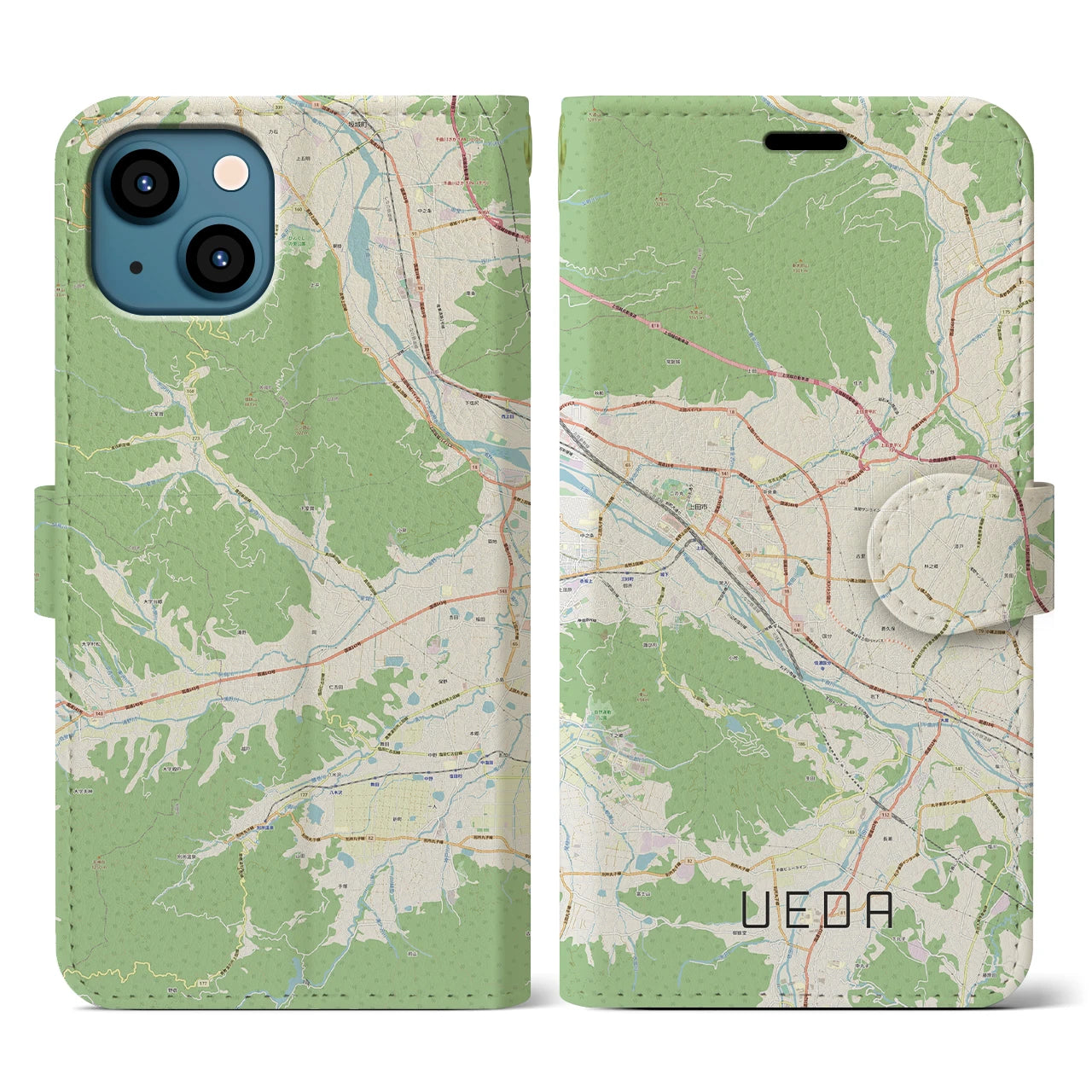【上田(長野県)】地図柄iPhoneケース(手帳タイプ)ナチュラル・iPhone 13 用
