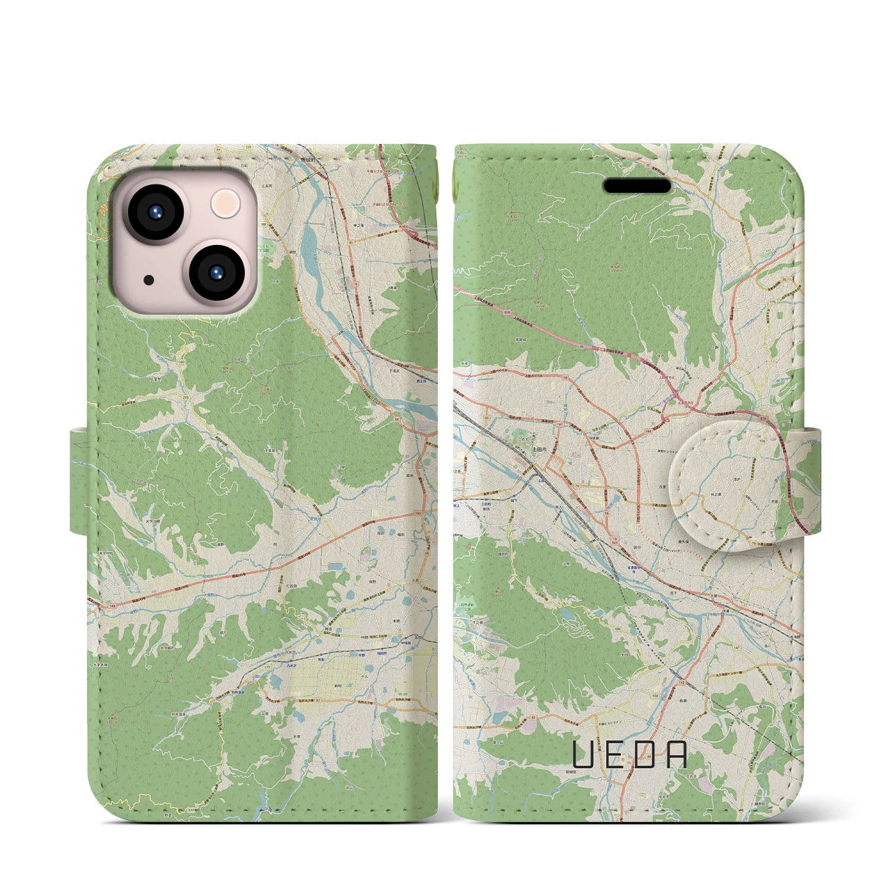 【上田(長野県)】地図柄iPhoneケース(手帳タイプ)ナチュラル・iPhone 13 mini 用