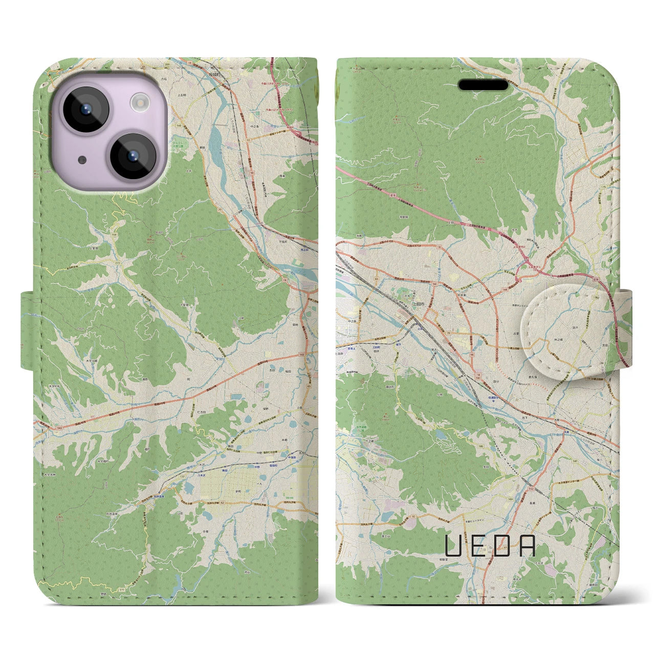 【上田(長野県)】地図柄iPhoneケース(手帳タイプ)ナチュラル・iPhone 14 用