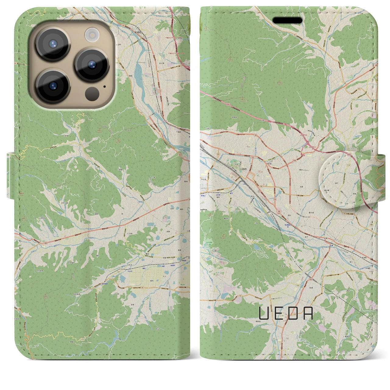【上田(長野県)】地図柄iPhoneケース(手帳タイプ)ナチュラル・iPhone 14 Pro Max 用
