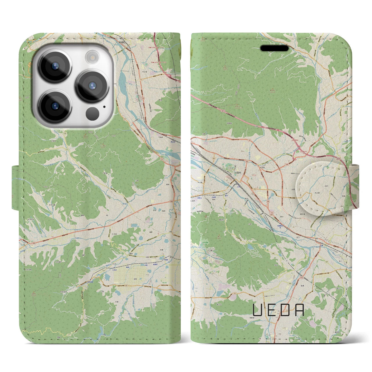 【上田(長野県)】地図柄iPhoneケース(手帳タイプ)ナチュラル・iPhone 14 Pro 用