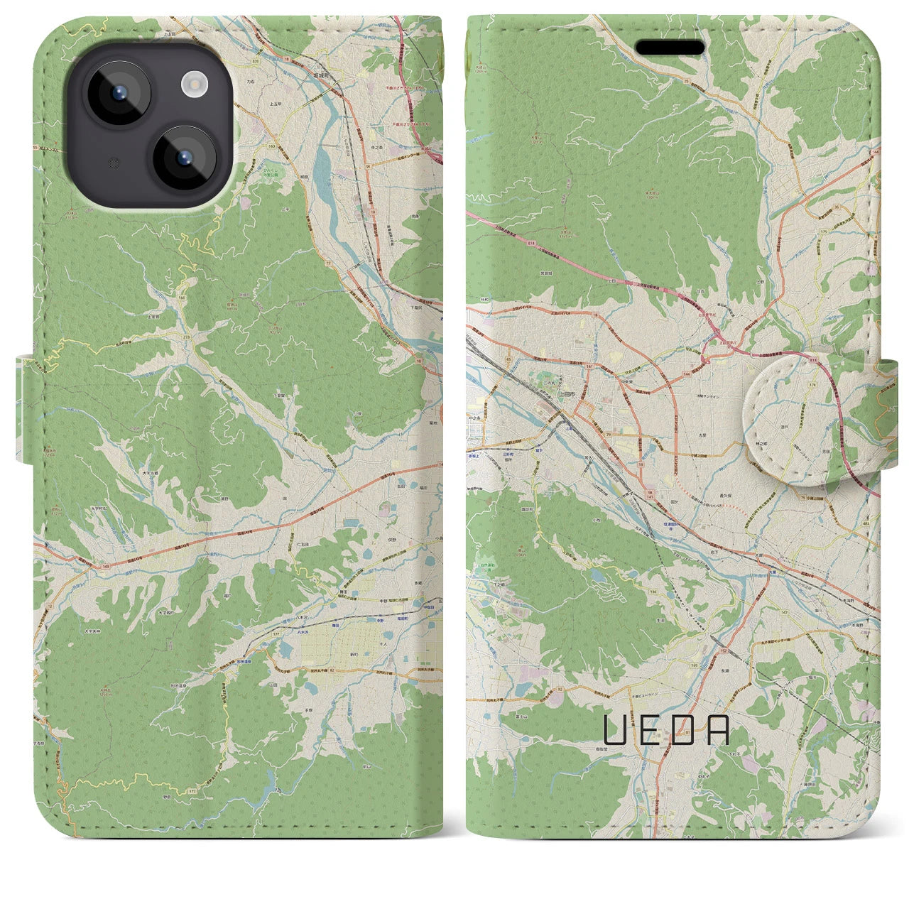【上田(長野県)】地図柄iPhoneケース(手帳タイプ)ナチュラル・iPhone 14 Plus 用
