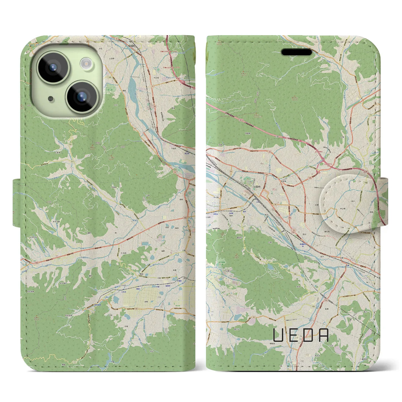 【上田(長野県)】地図柄iPhoneケース(手帳タイプ)ナチュラル・iPhone 15 用