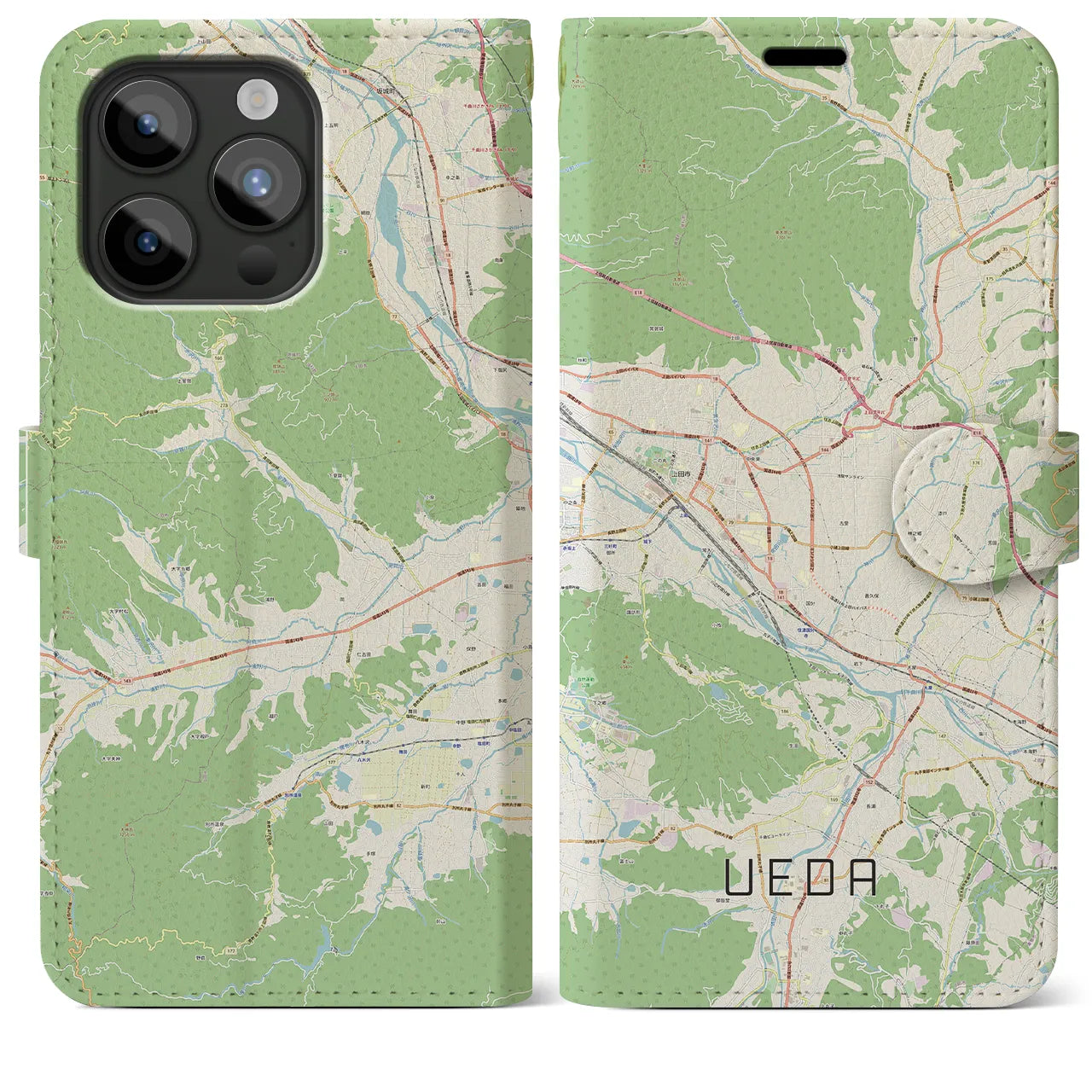 【上田(長野県)】地図柄iPhoneケース(手帳タイプ)ナチュラル・iPhone 15 Pro Max 用