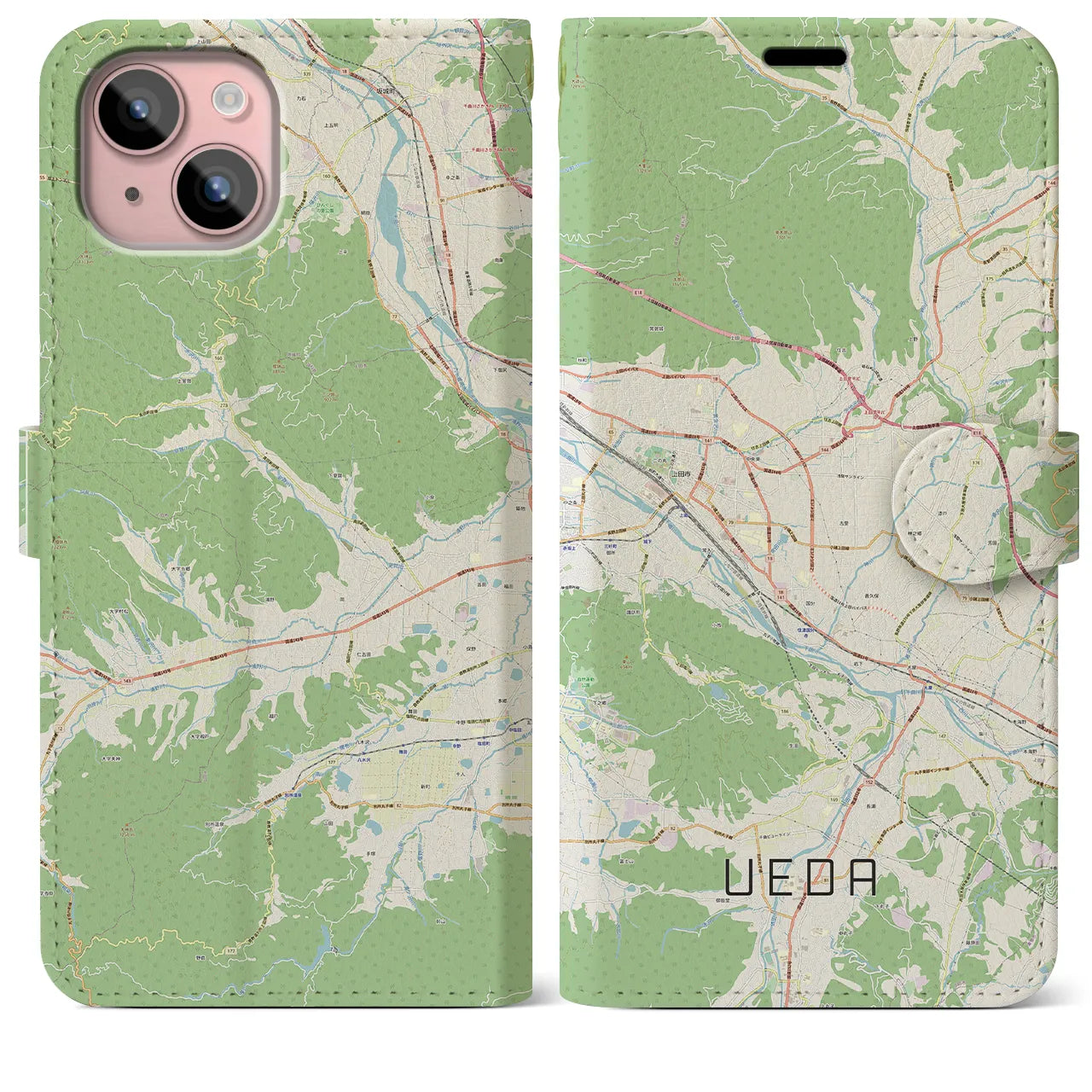 【上田(長野県)】地図柄iPhoneケース(手帳タイプ)ナチュラル・iPhone 15 Plus 用